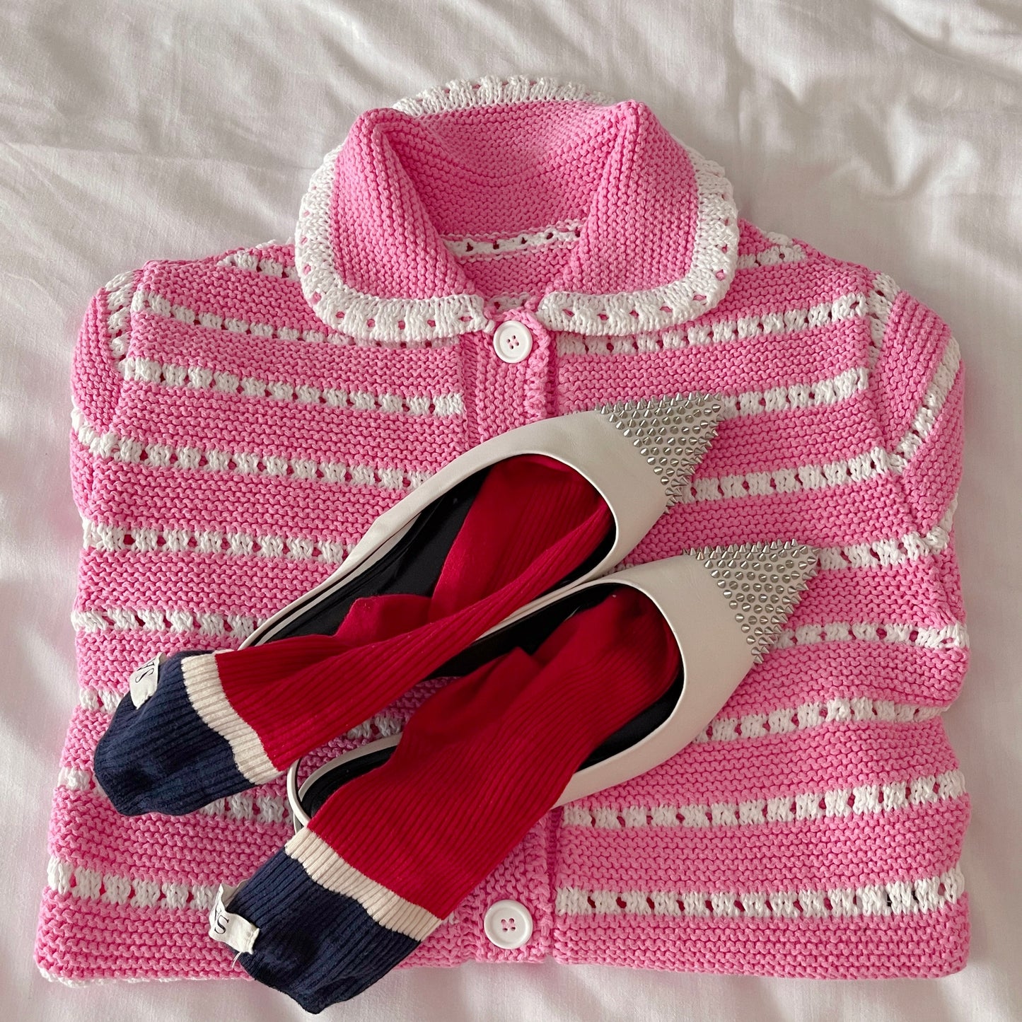 Punching knit cardigan (pink,green)
