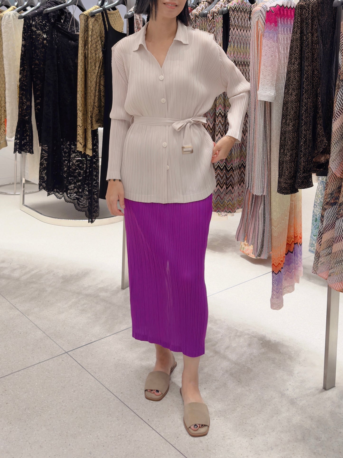 Pleats h line skirt (green, purple)