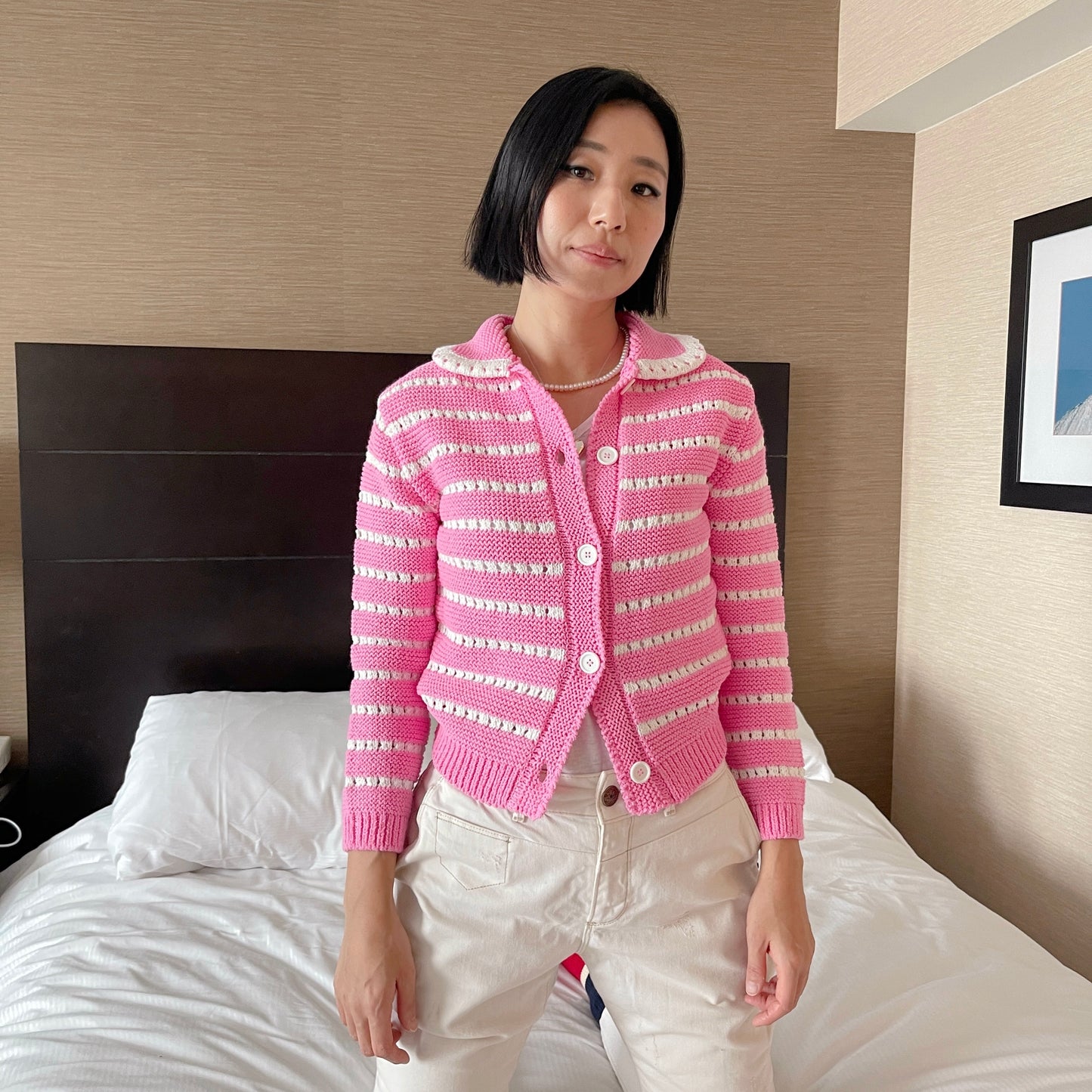 Punching knit cardigan (pink,green)
