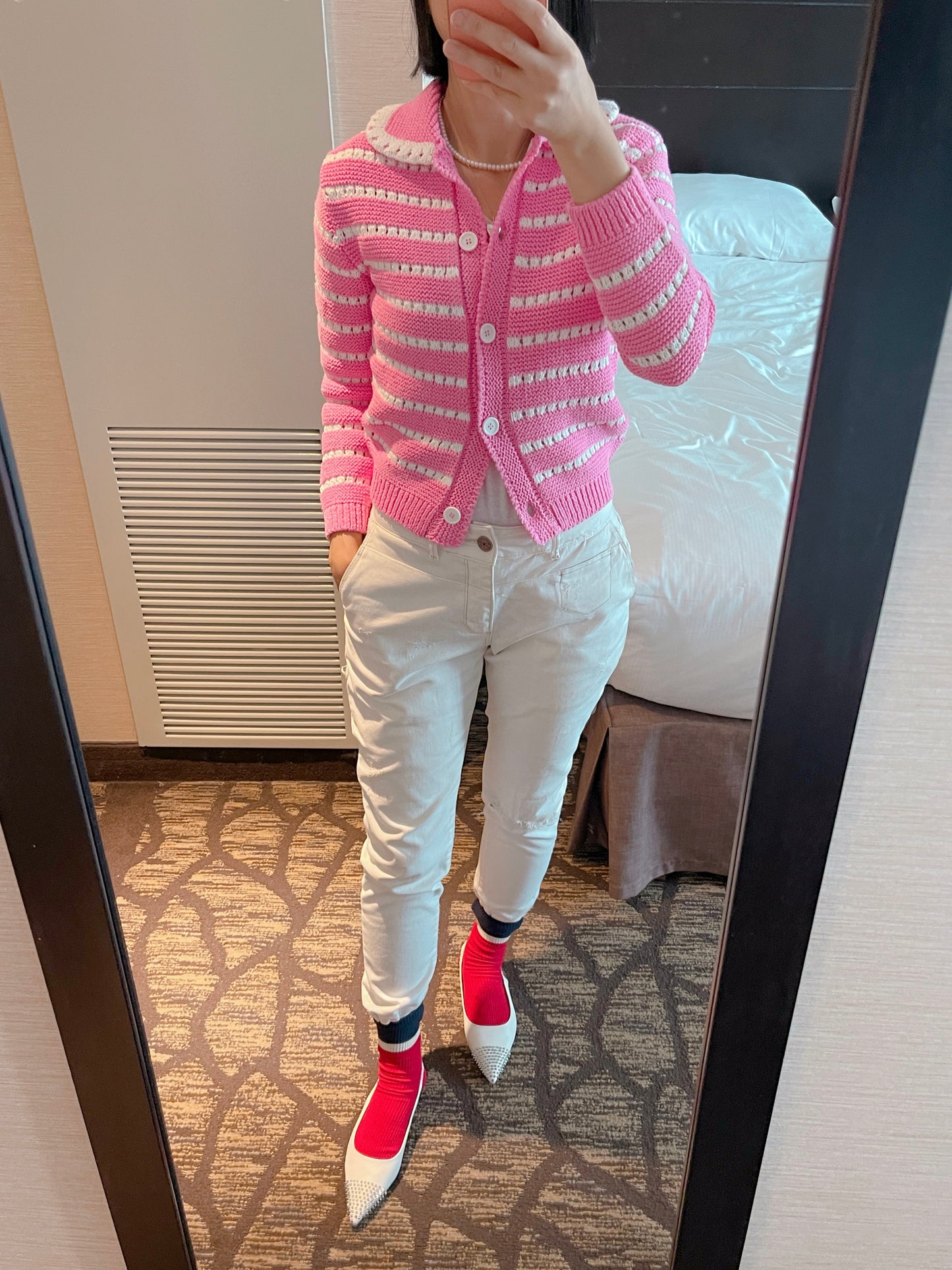 Punching knit cardigan (pink,green)