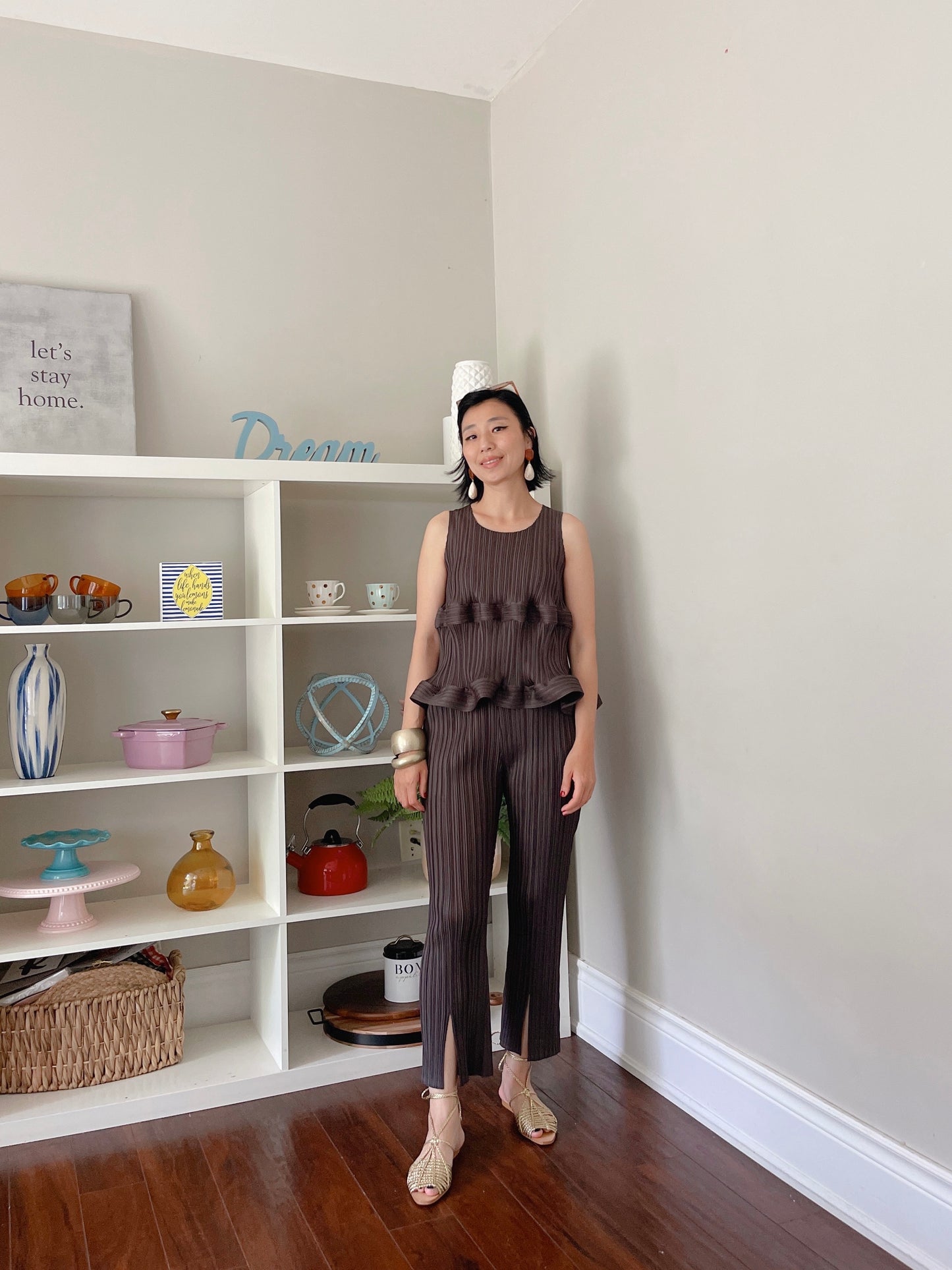 Pleats front slit pants (brown, navy)