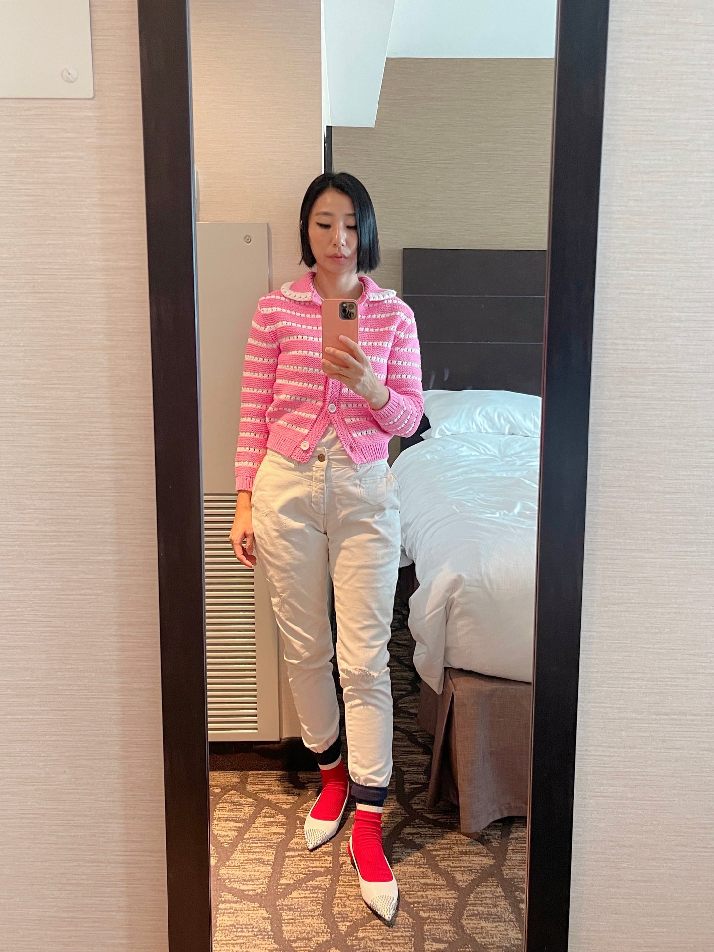 Punching knit cardigan (pink,green)