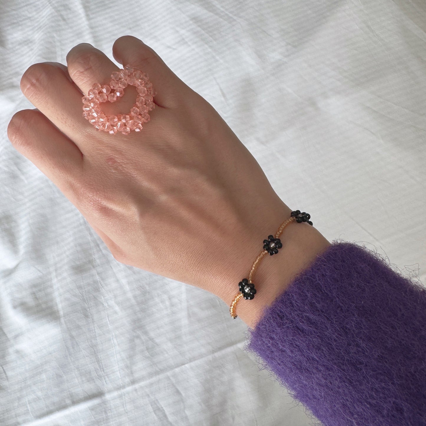 beaded heart ring (pink,lavender)