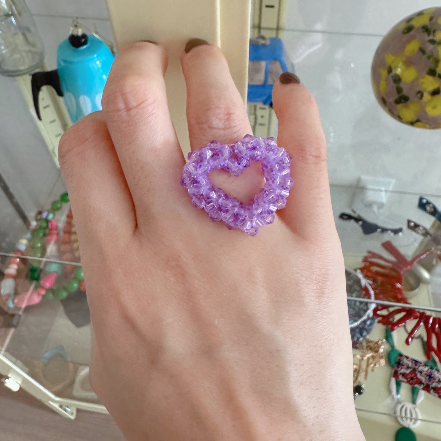 beaded heart ring (pink,lavender)
