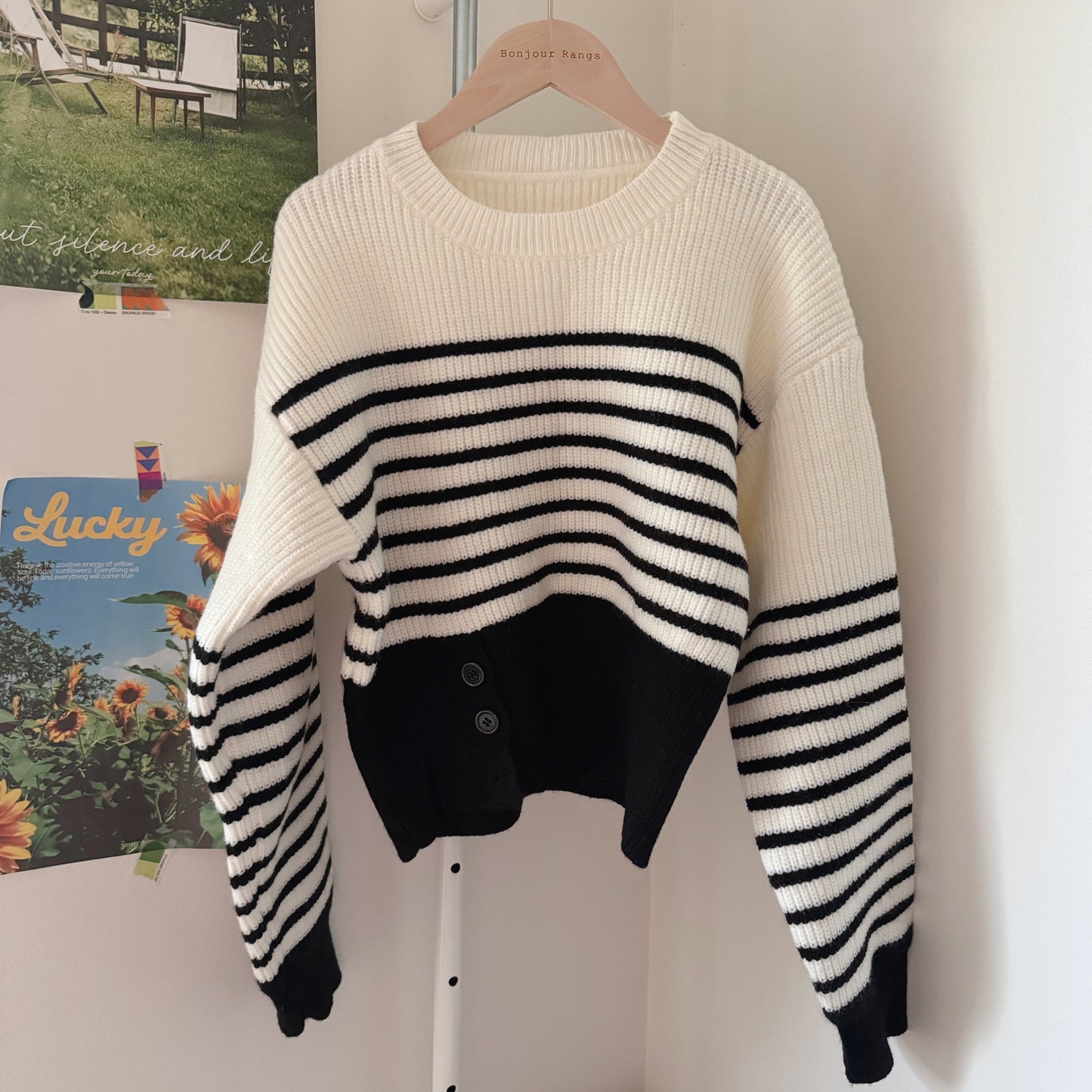 striped button knit (black,ivory)