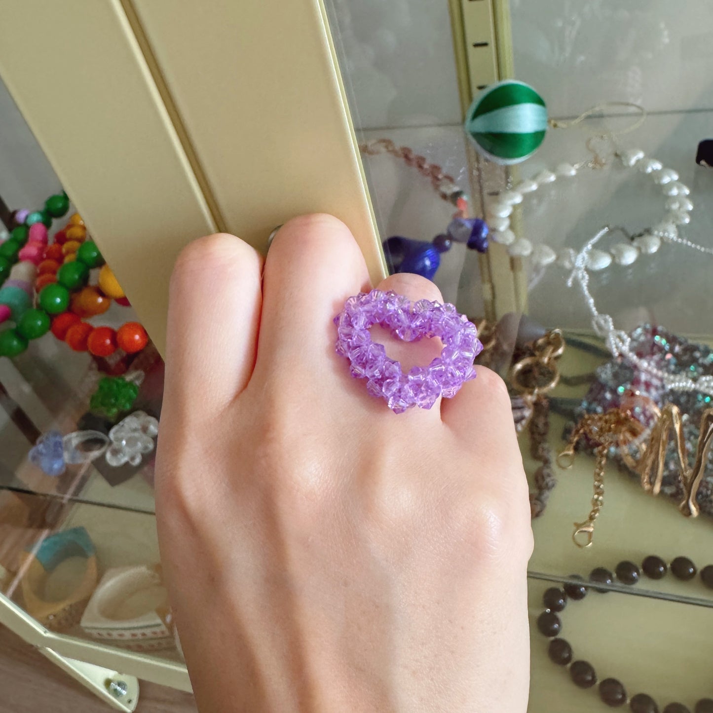 beaded heart ring (pink,lavender)