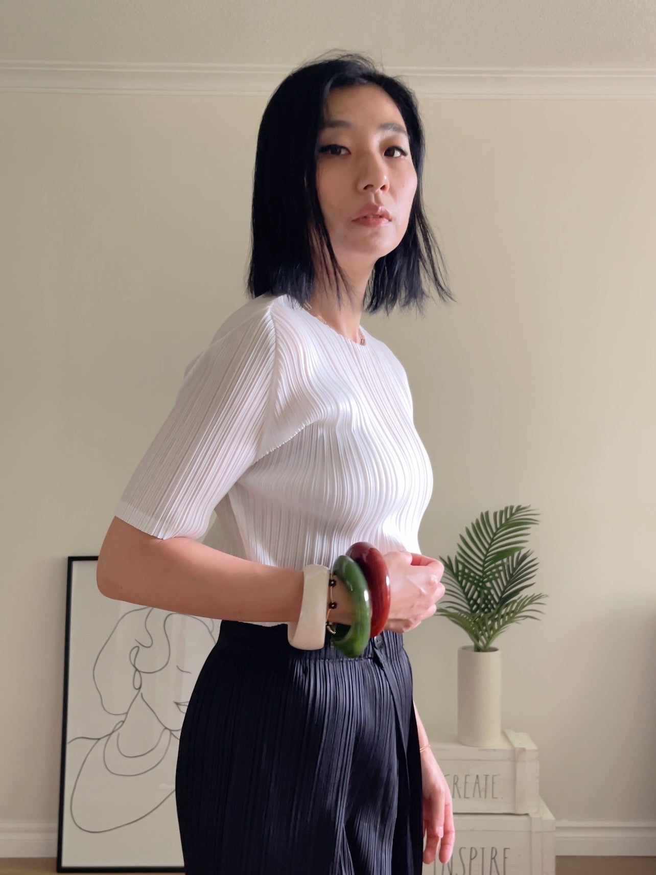 Pleats basic top (pink, gray khaki, ruby, white, black, silver)