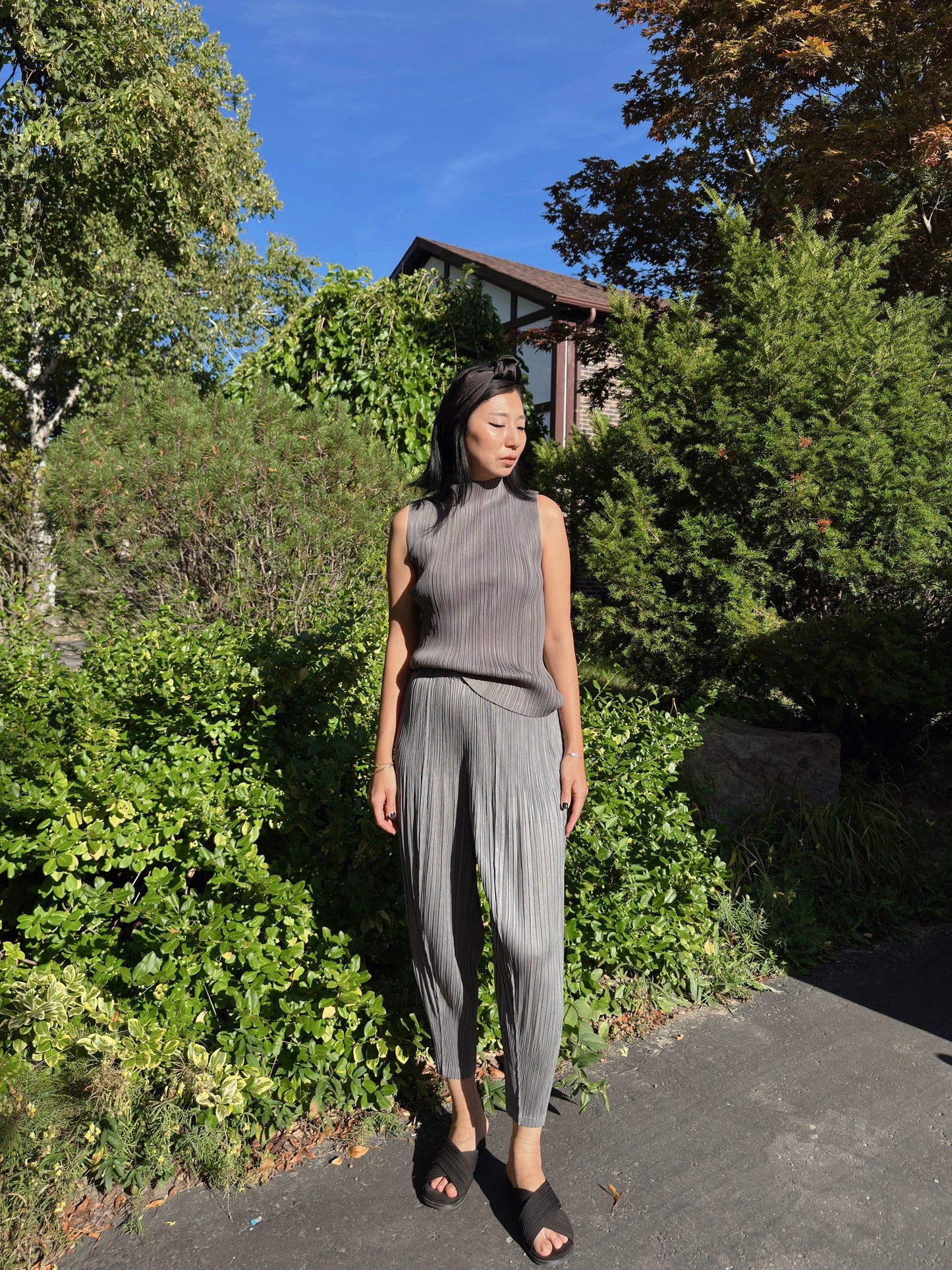 SS)Pleated baggy pants (gray,black)