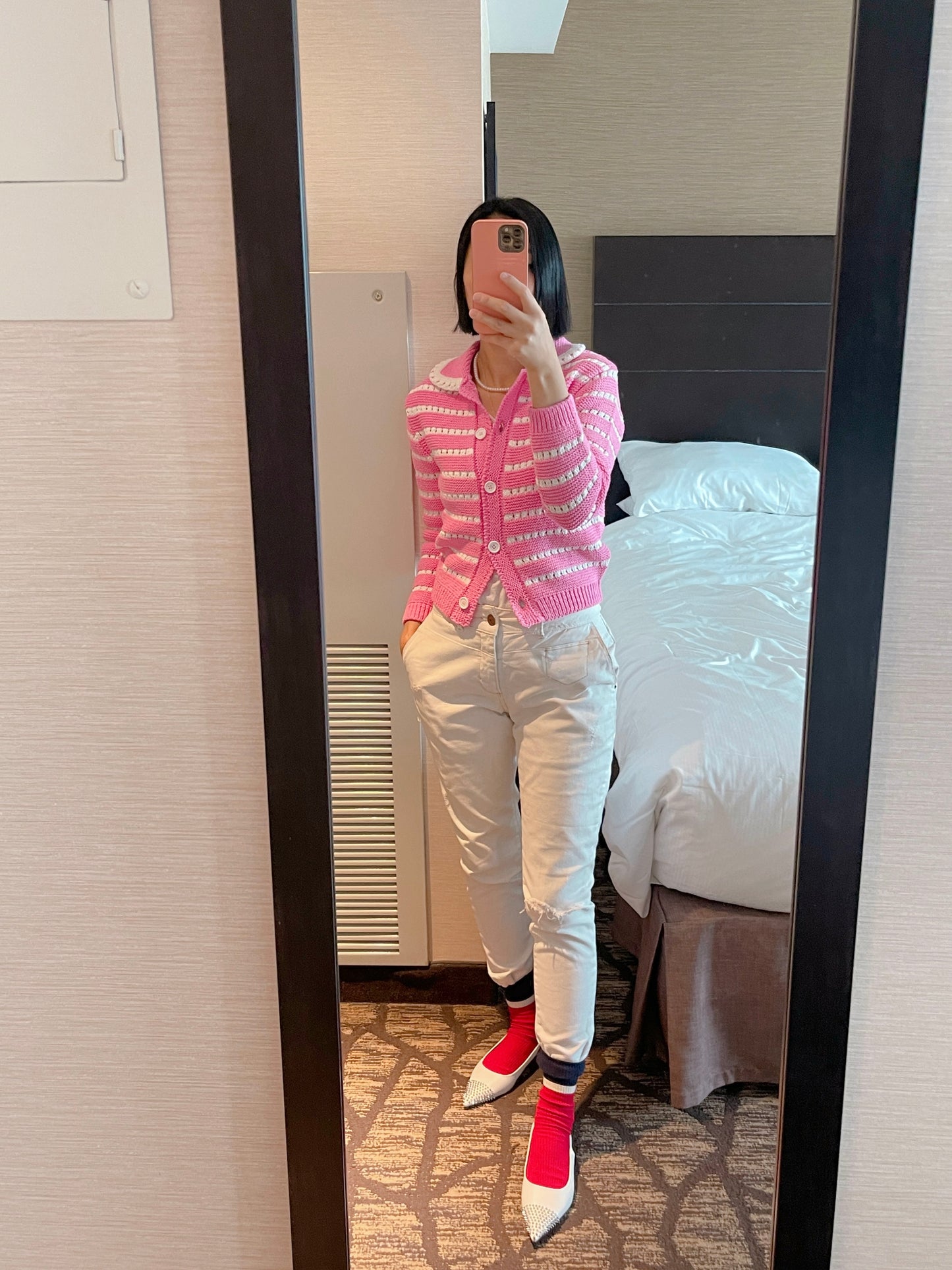 Punching knit cardigan (pink,green)