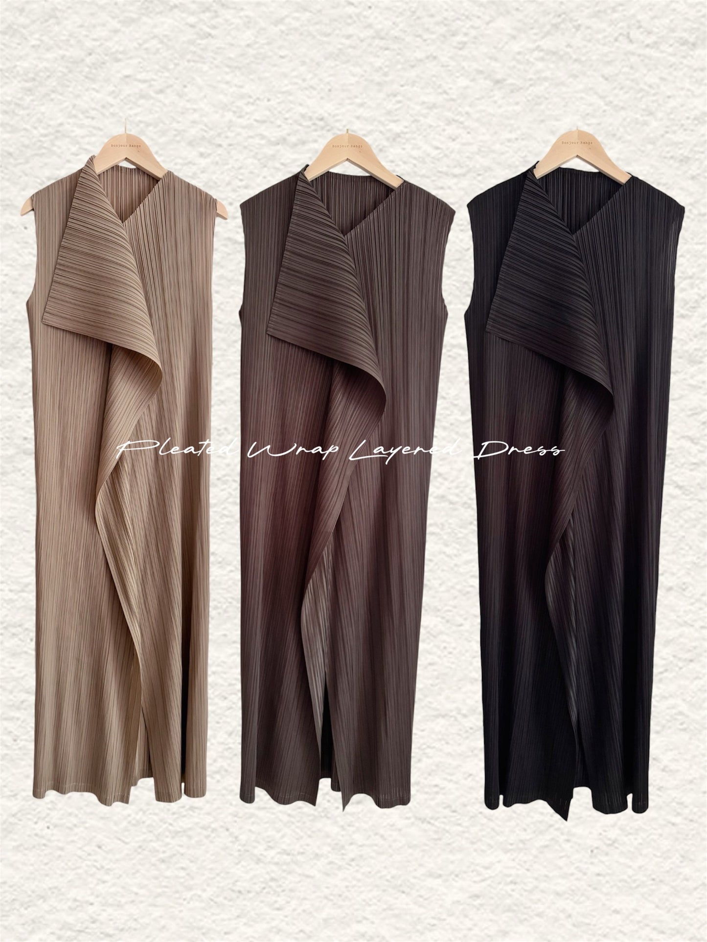 Pleated Wrap Layered Dress (brown, beige, black)