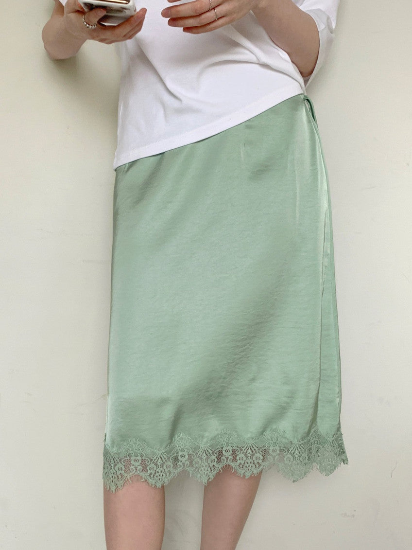 LACE SATIN WRAP SKIRT (blue,green,pink)