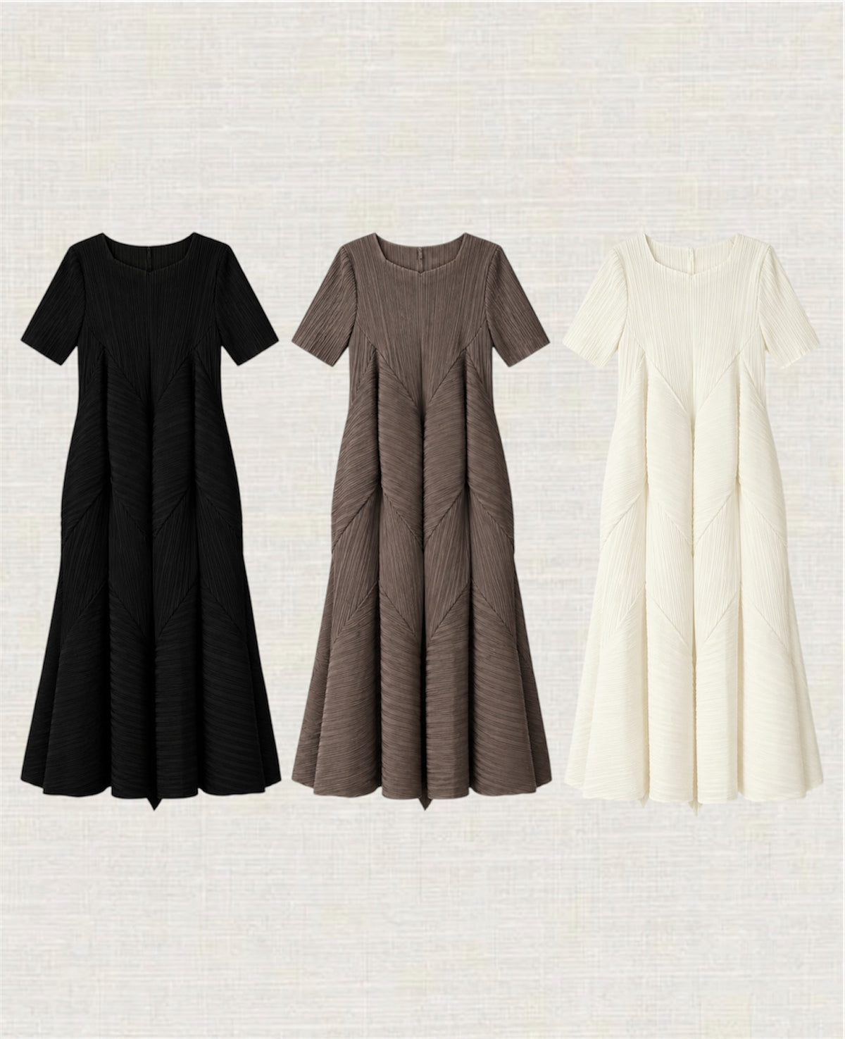 Pleated Short-Sleeve volume dress( ivory, black, brown)
