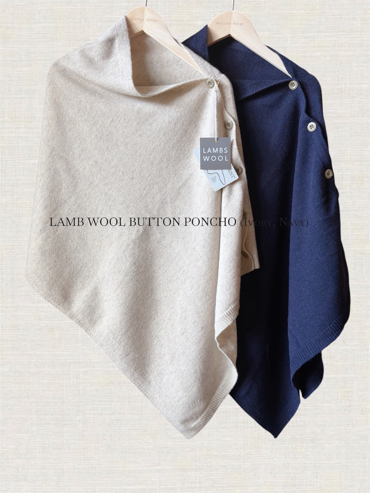 LAMB WOOL BUTTON PONCHO (Ivory, Navy)