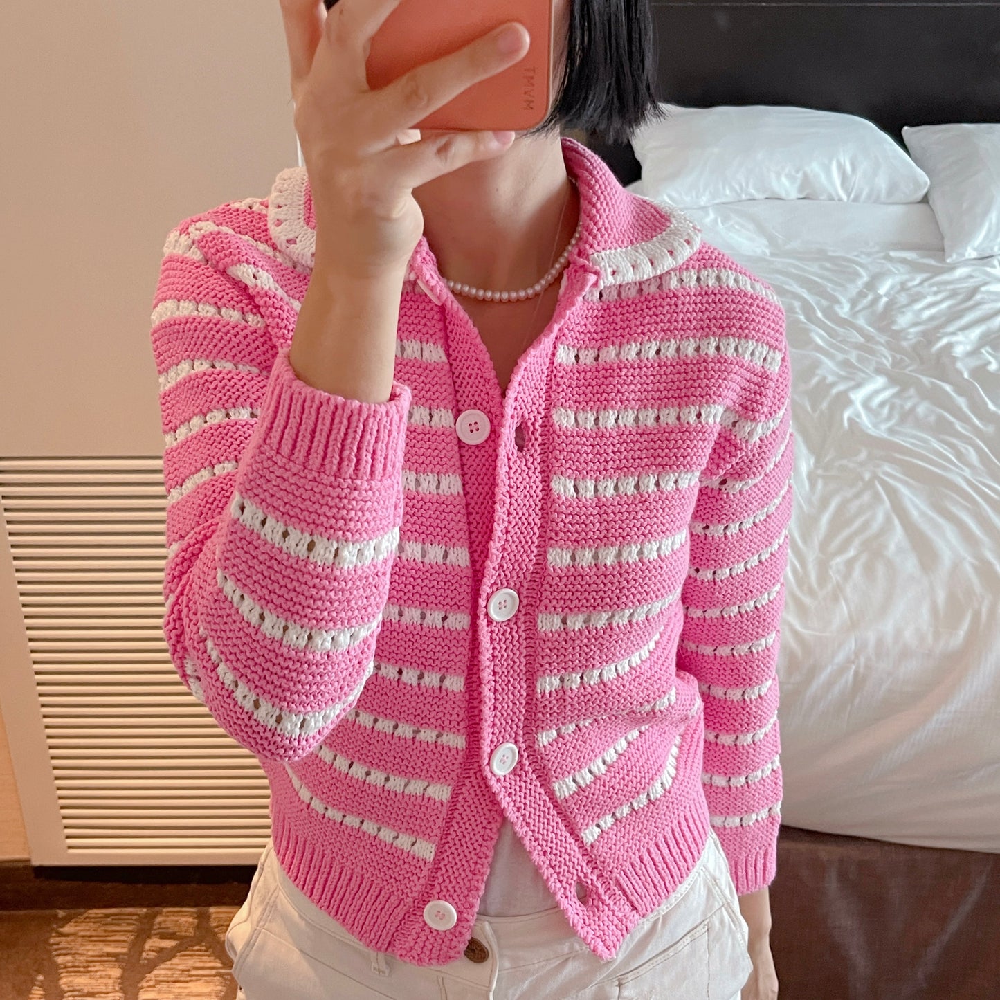 Punching knit cardigan (pink,green)