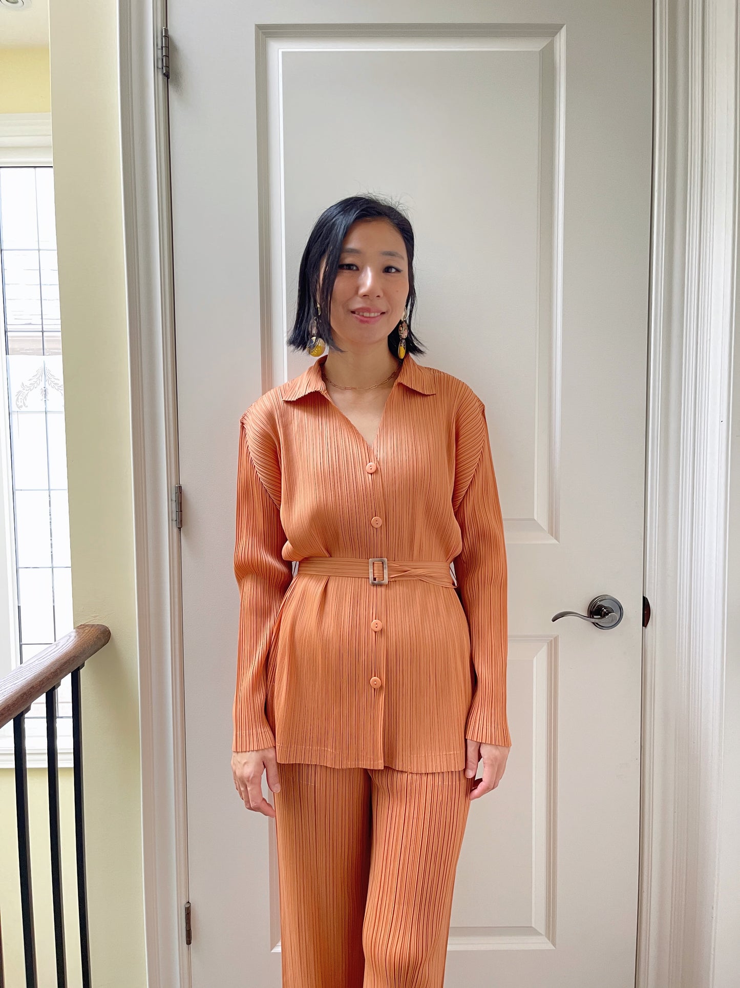 Pleats belt shirt (white, orange, khaki, black)