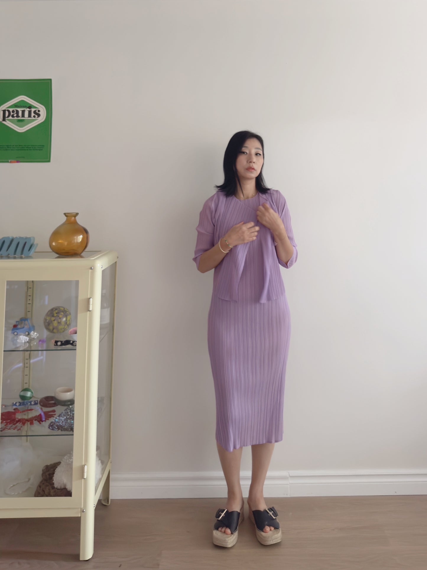 Lavender pleated Midi-length cardigan