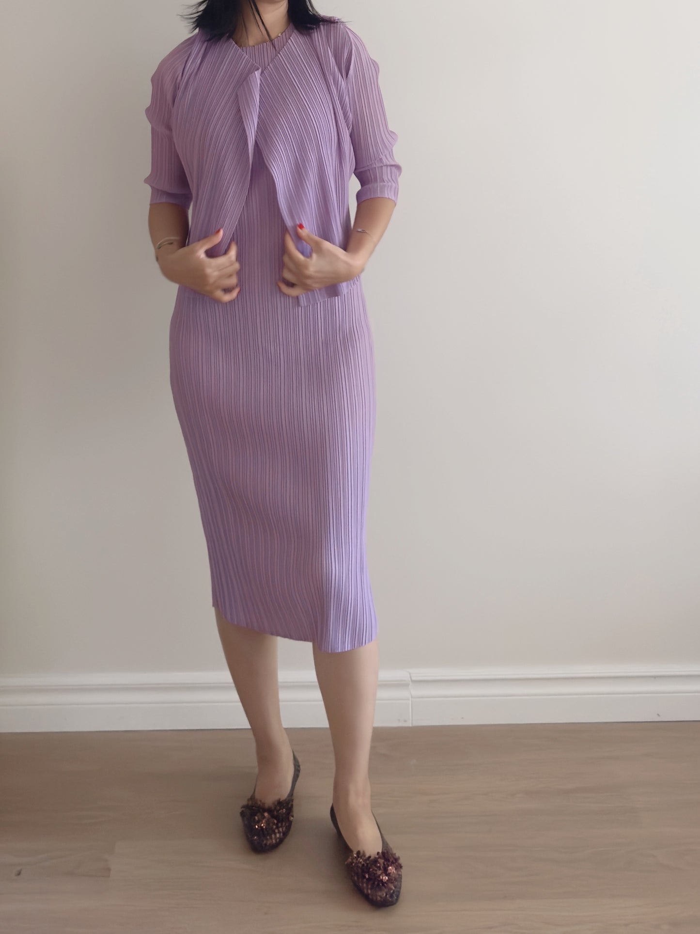 Lavender pleated Midi-length cardigan