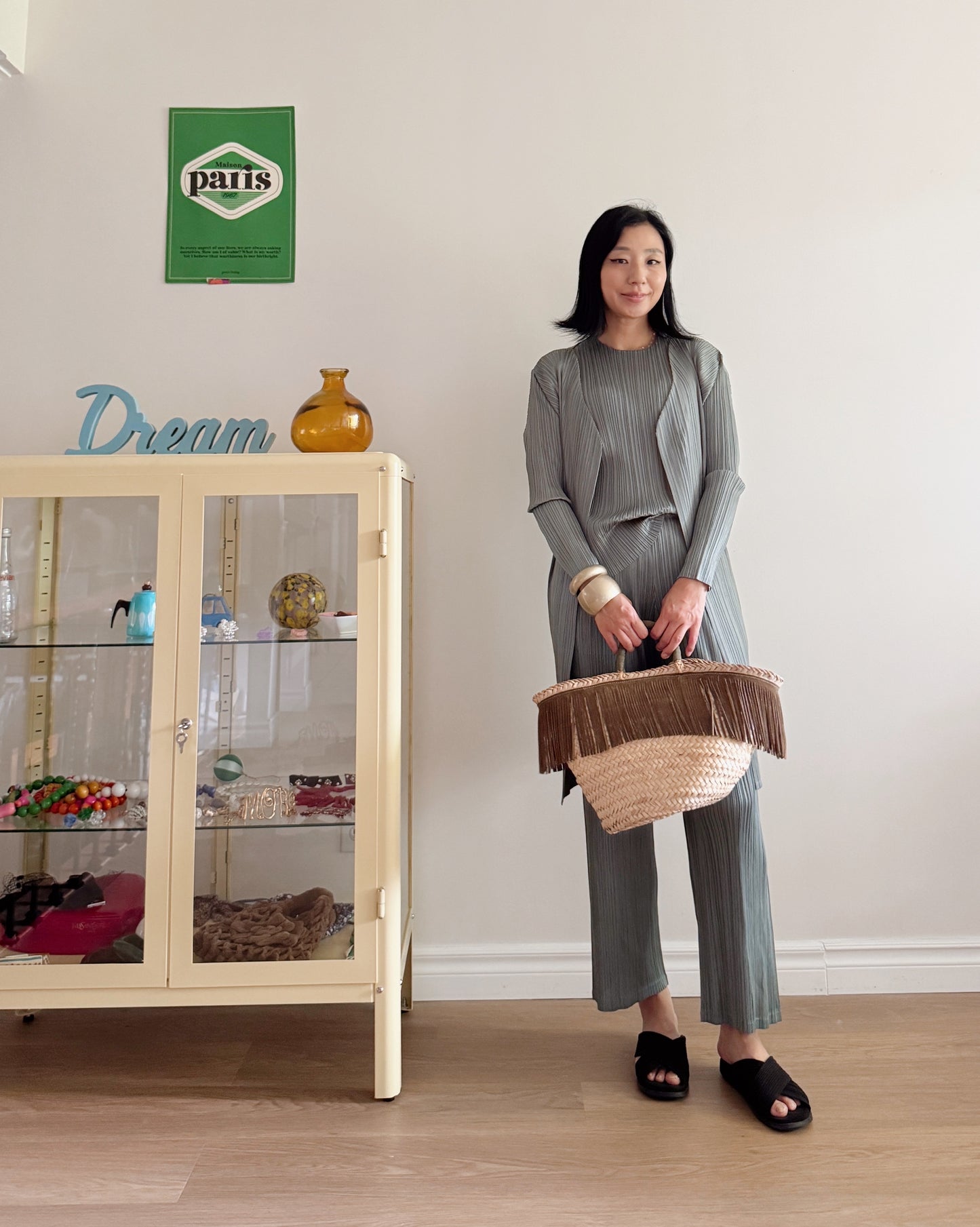 Pleats midi cardigan (ruby, gray khaki)