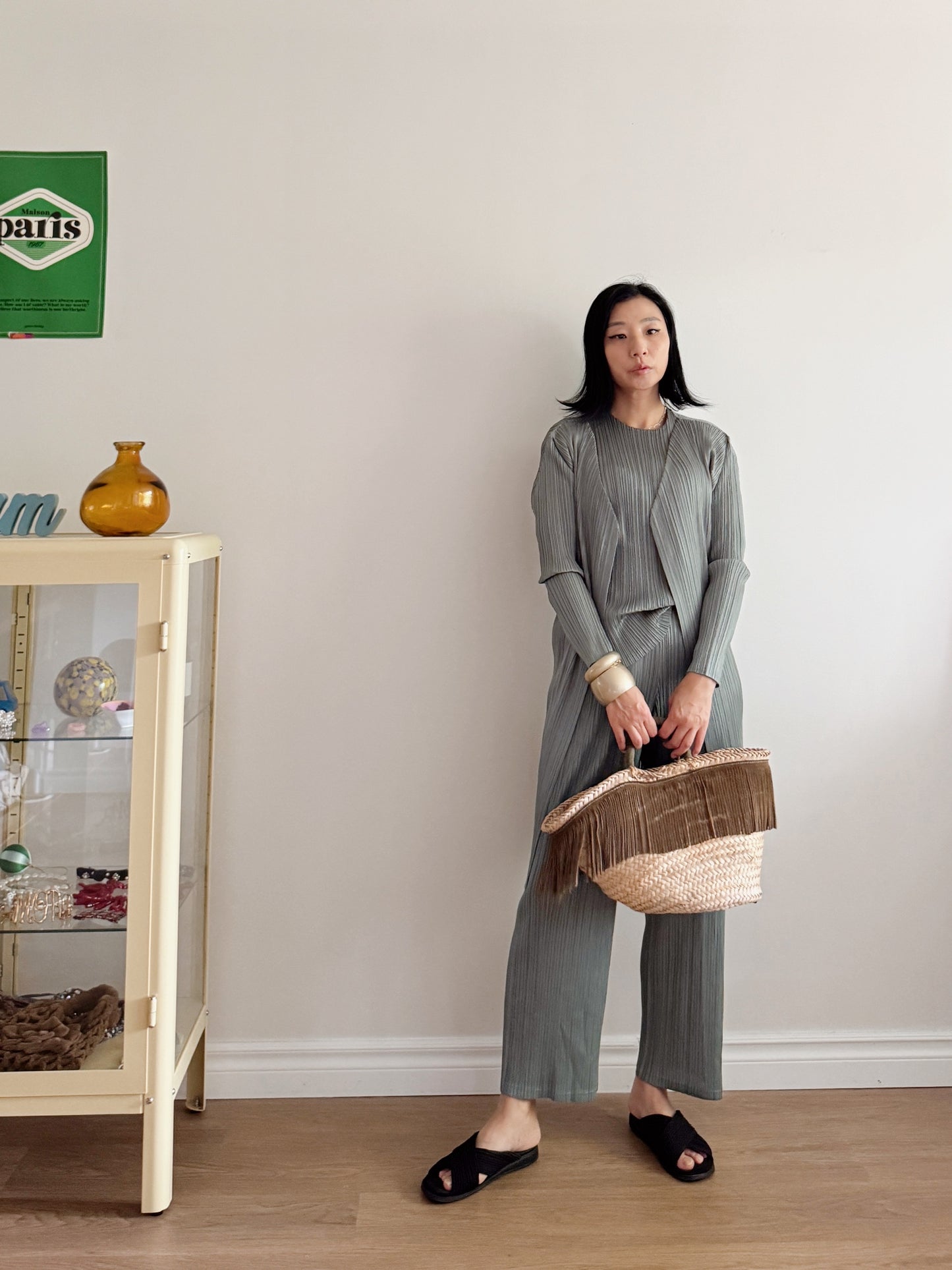 Pleats midi cardigan (ruby, gray khaki)