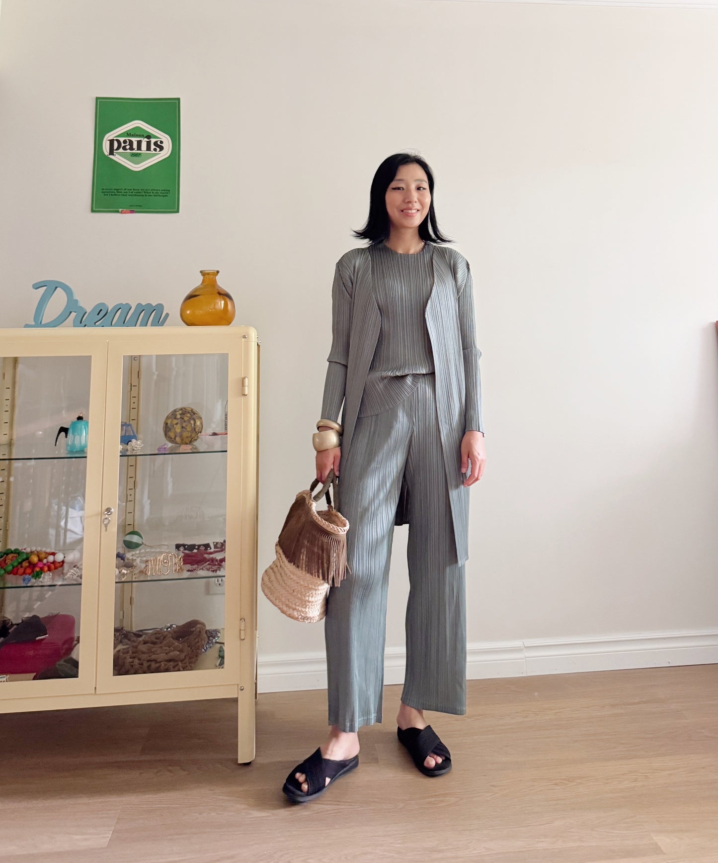 Pleats midi cardigan (ruby, gray khaki)