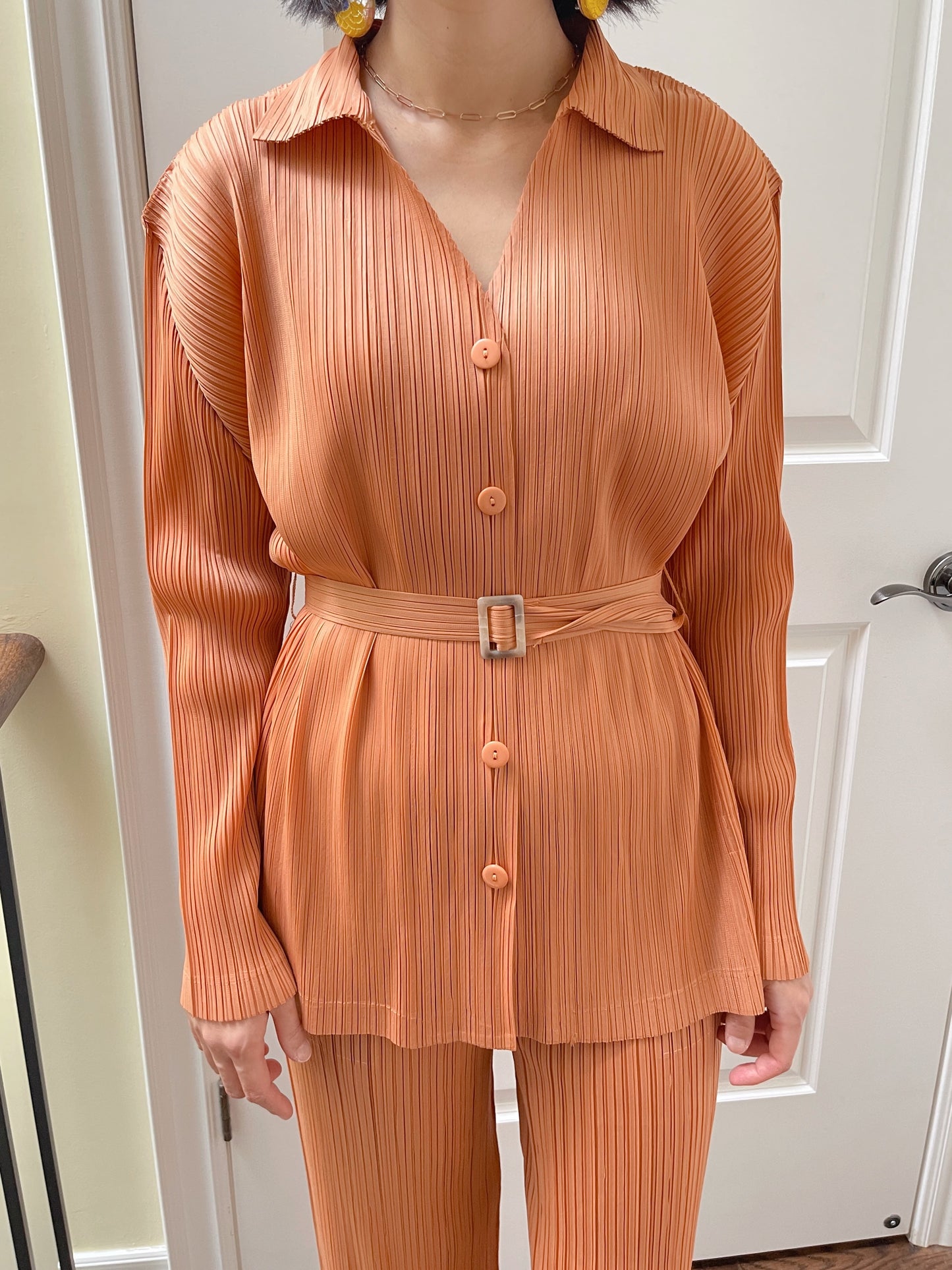 Pleats belt shirt (white, orange, khaki, black)