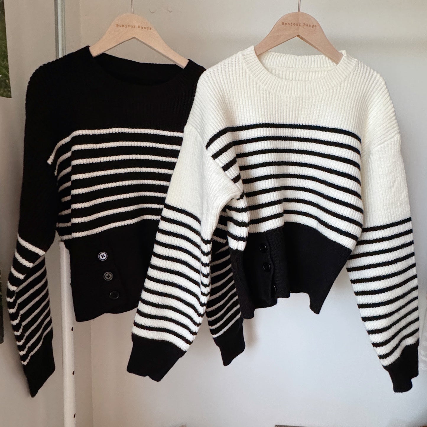 striped button knit (black,ivory)