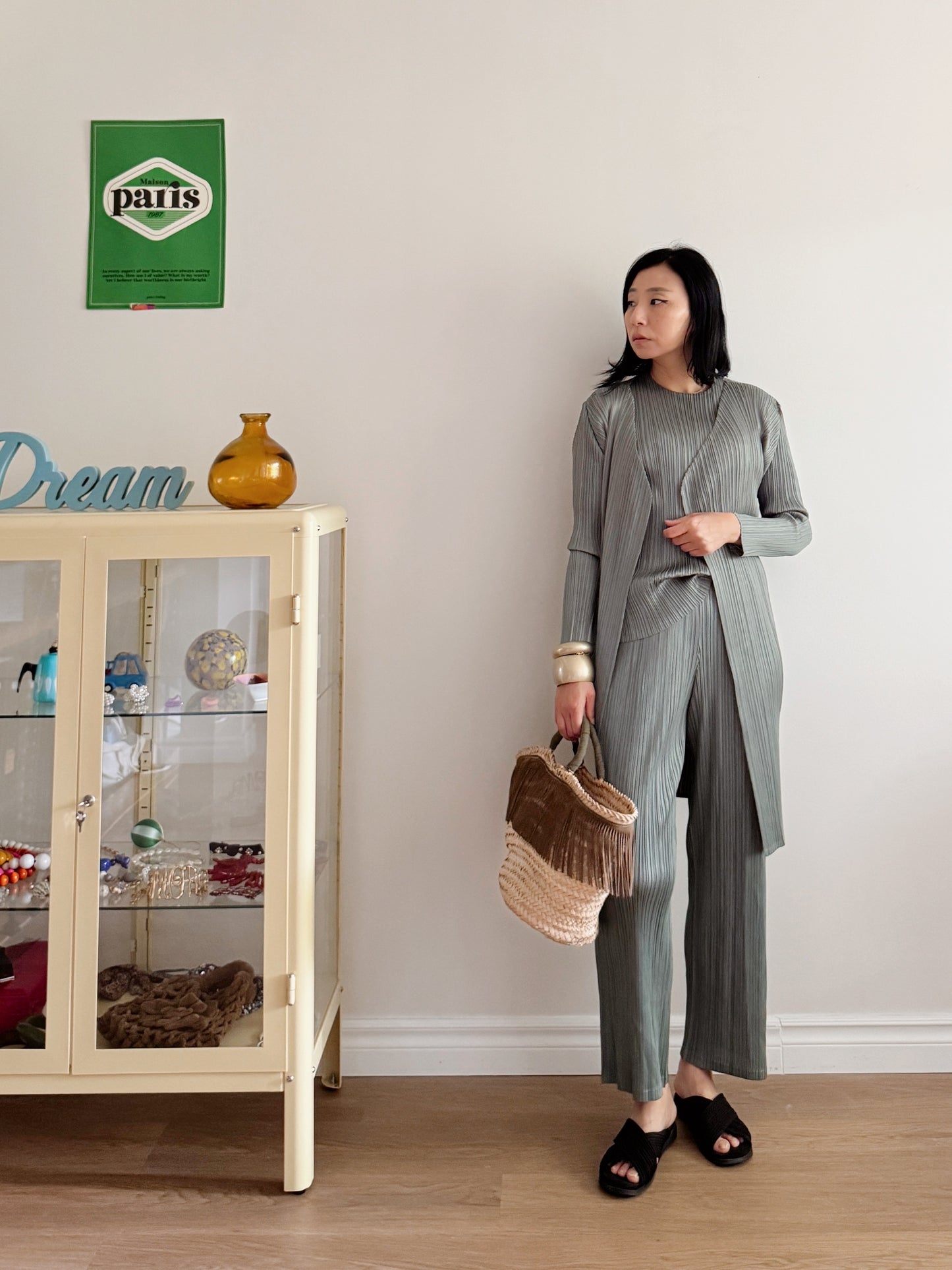 Pleats midi cardigan (ruby, gray khaki)