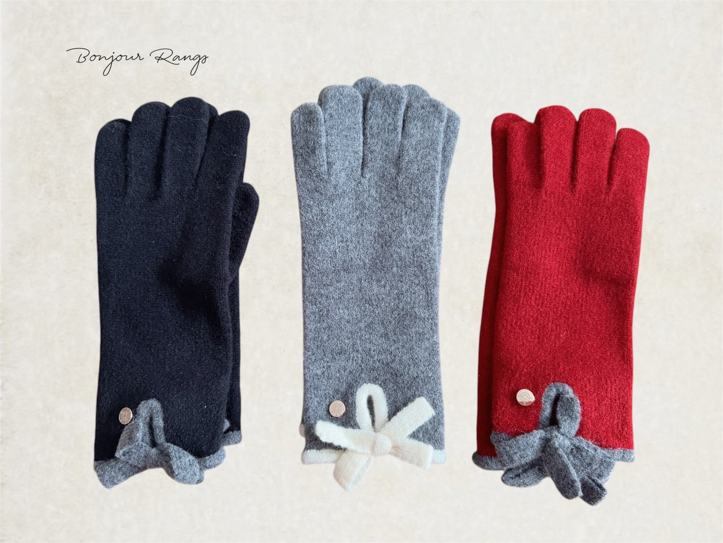 Ribbon Wool Gloves (gray, red, black)