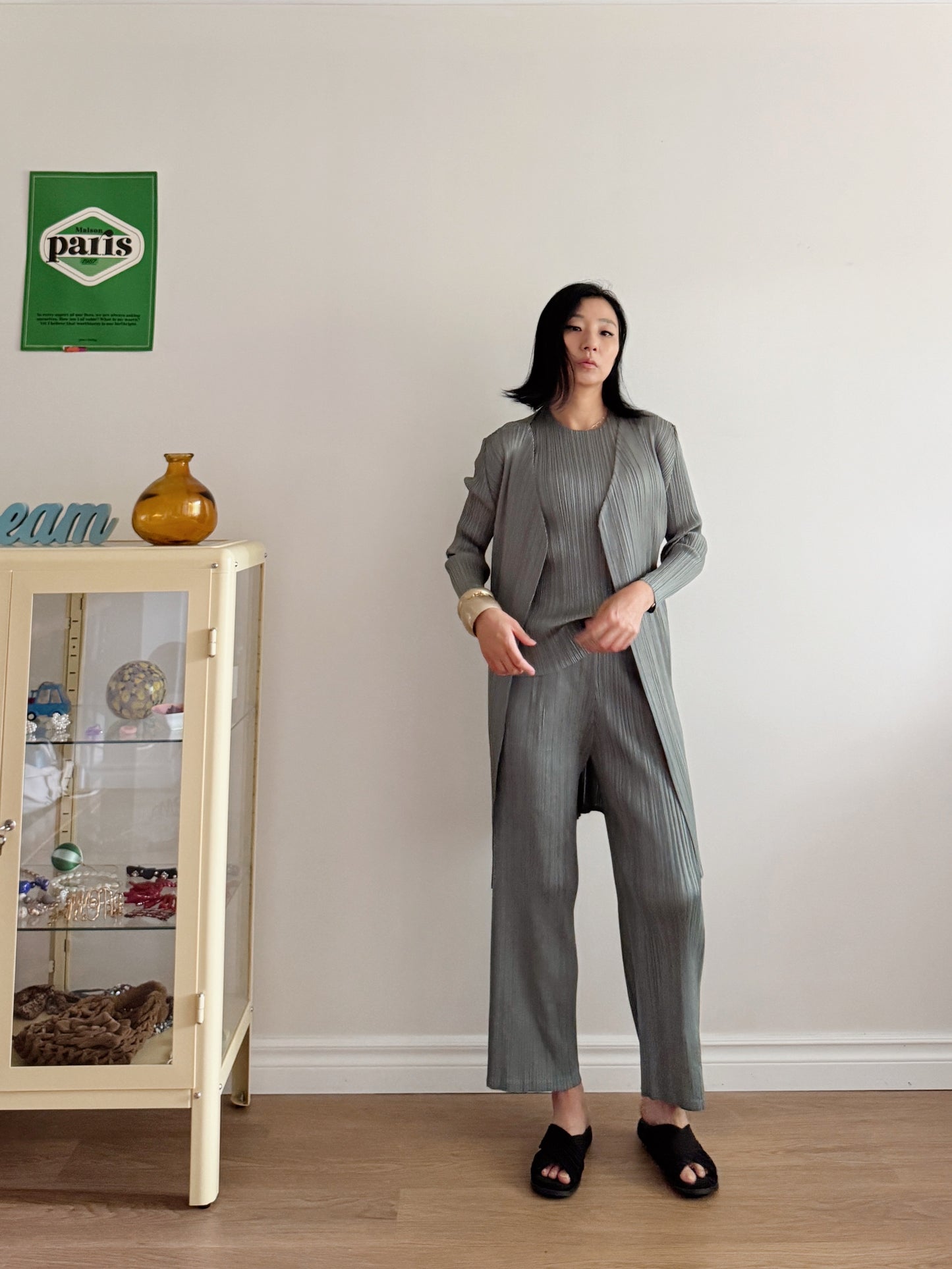 Pleats midi cardigan (ruby, gray khaki)