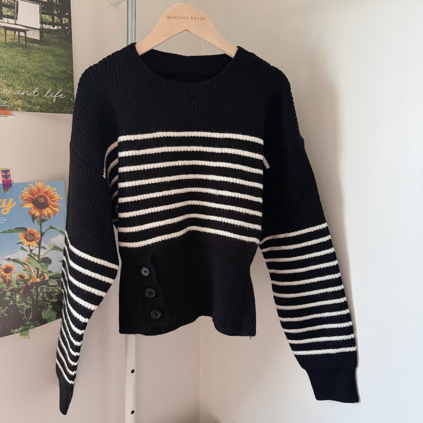 striped button knit (black,ivory)