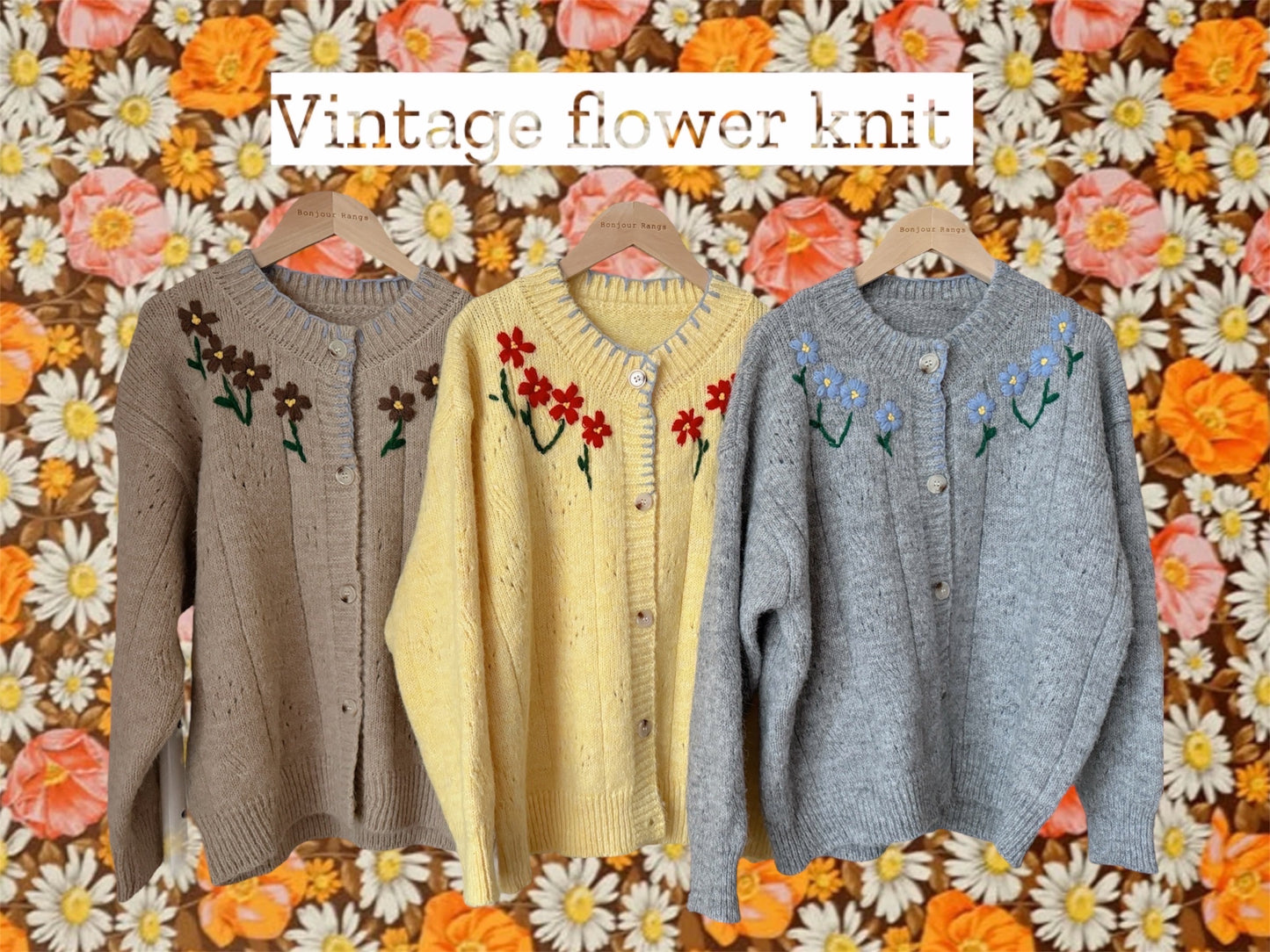 Vintage flower cardigan (grey,yellow,brown)