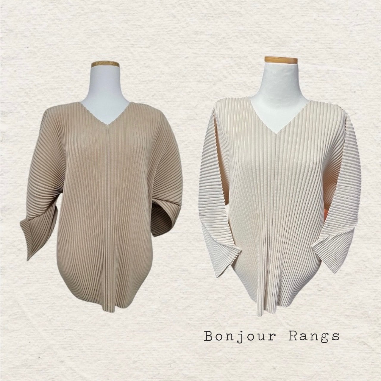 Pleats v-neck top (Ivory, beige)
