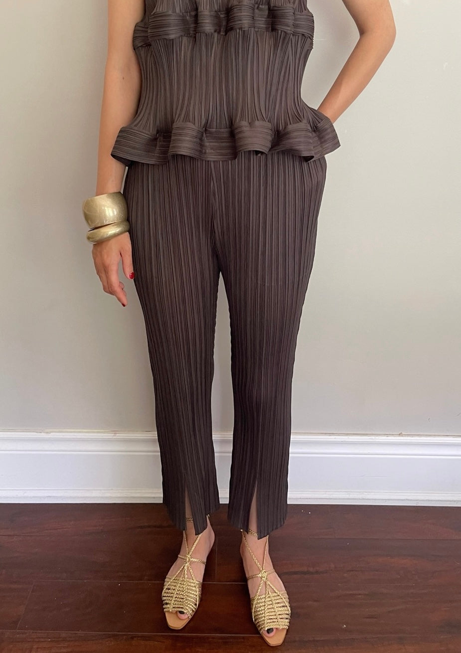 Pleats front slit pants (brown, navy)