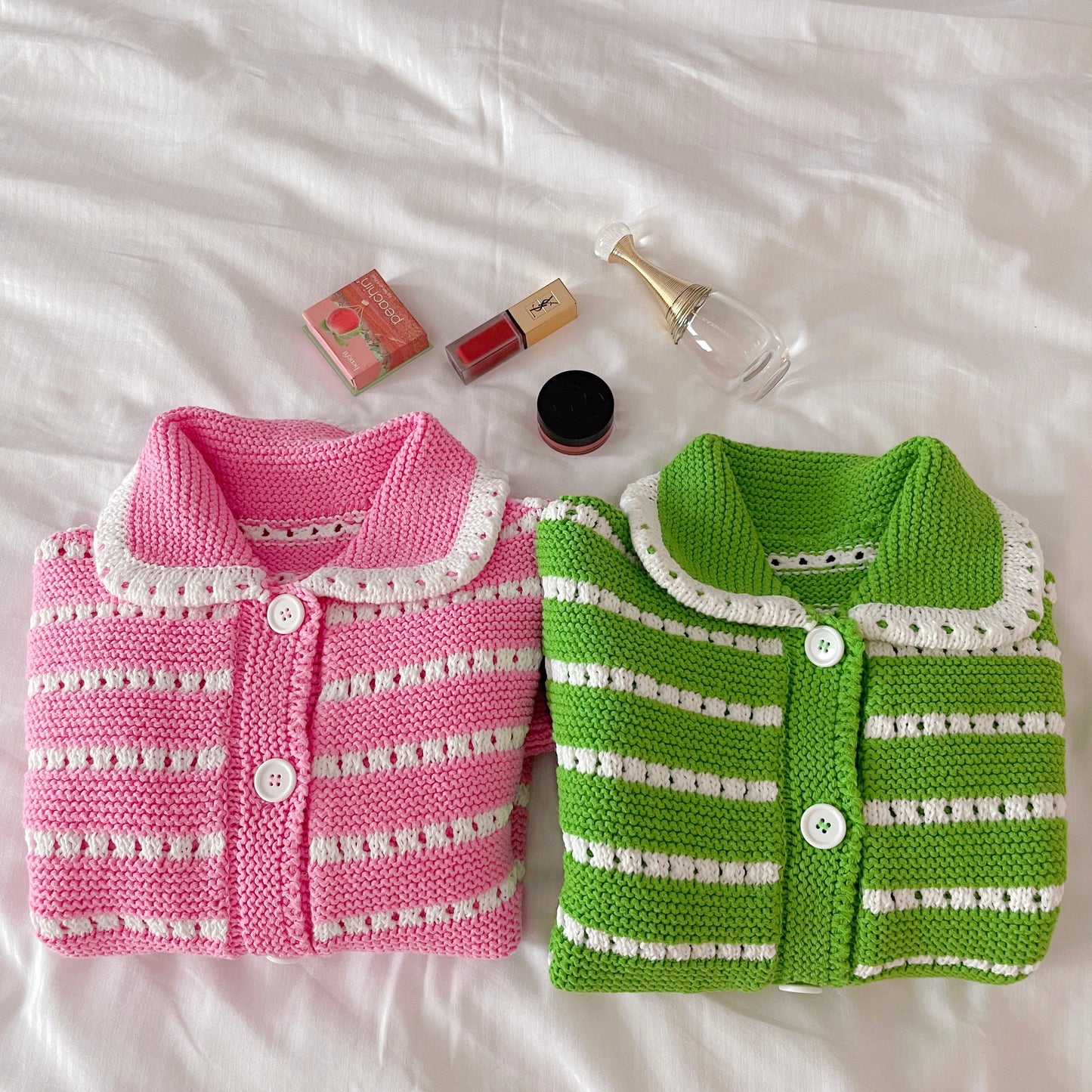 Punching knit cardigan (pink,green)