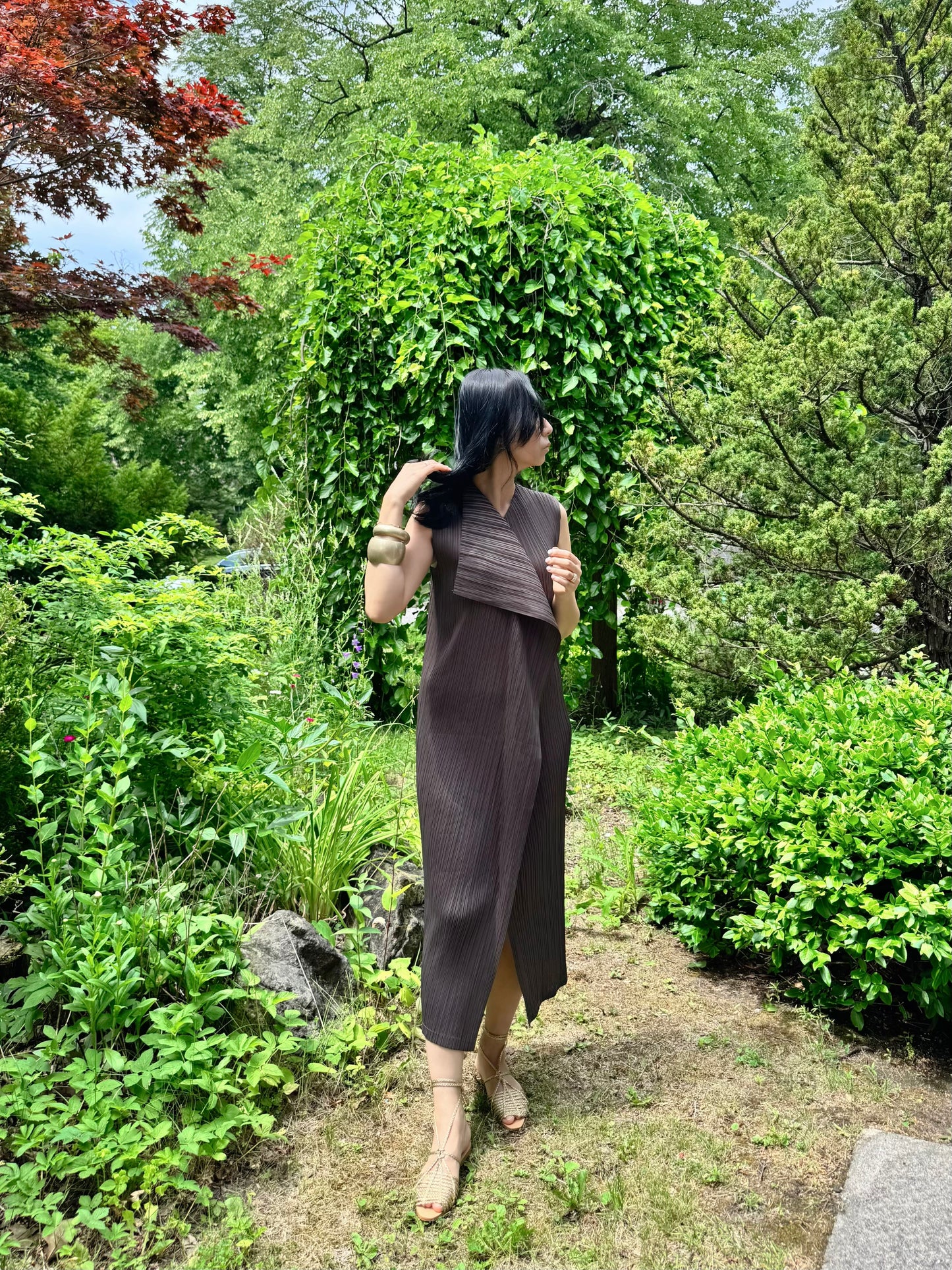 Pleated Wrap Layered Dress (brown, beige, black)