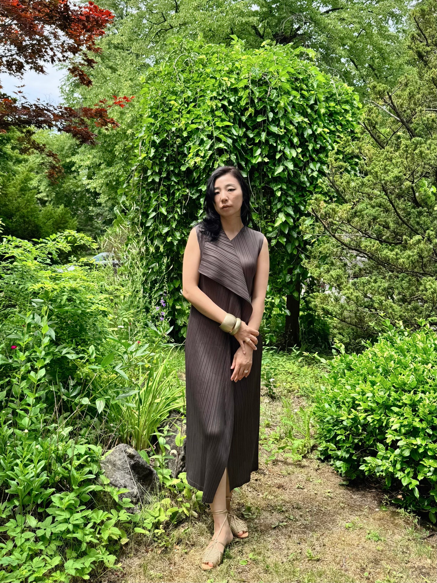 Pleated Wrap Layered Dress (brown, beige, black)