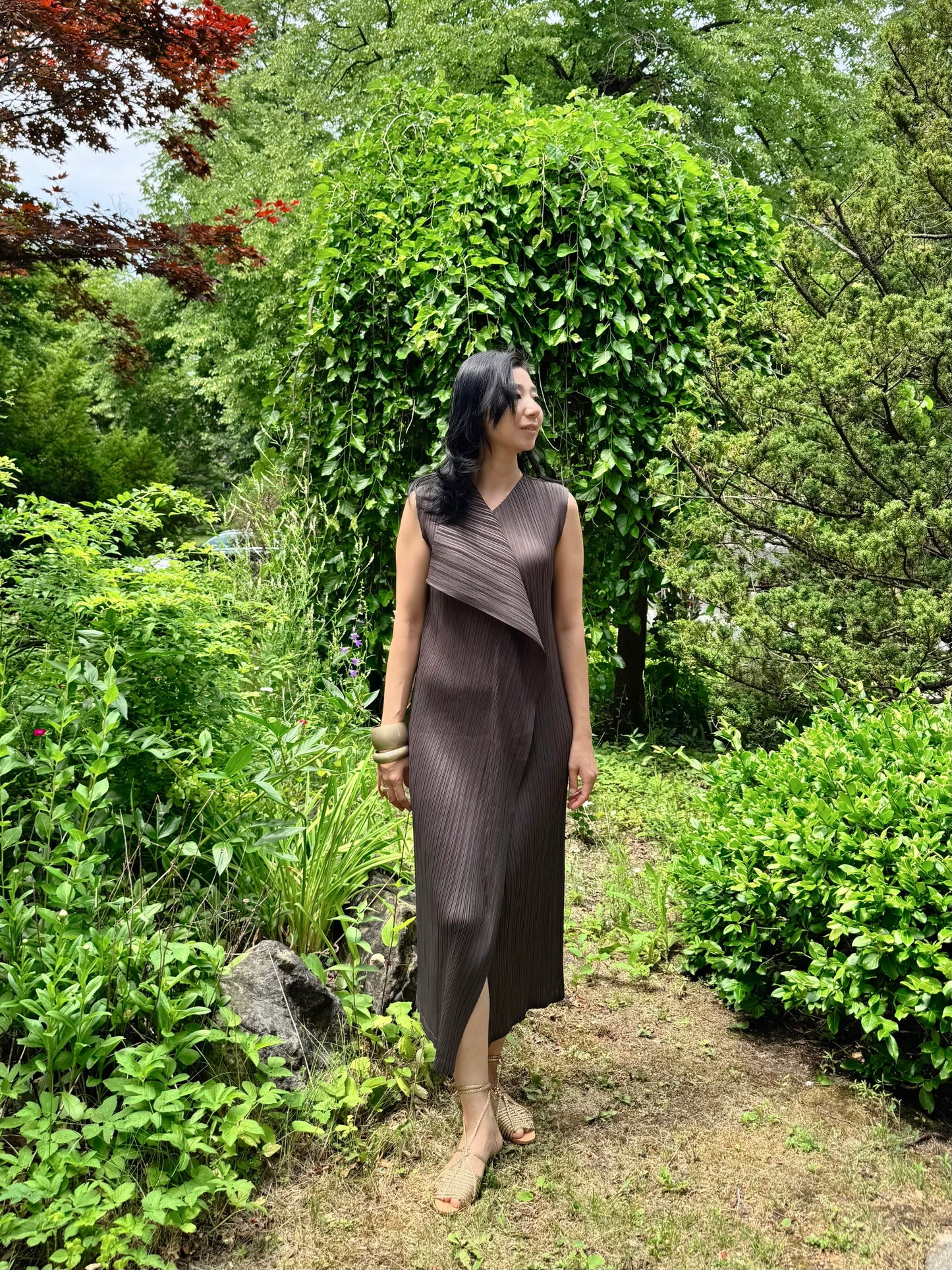 Pleated Wrap Layered Dress (brown, beige, black)