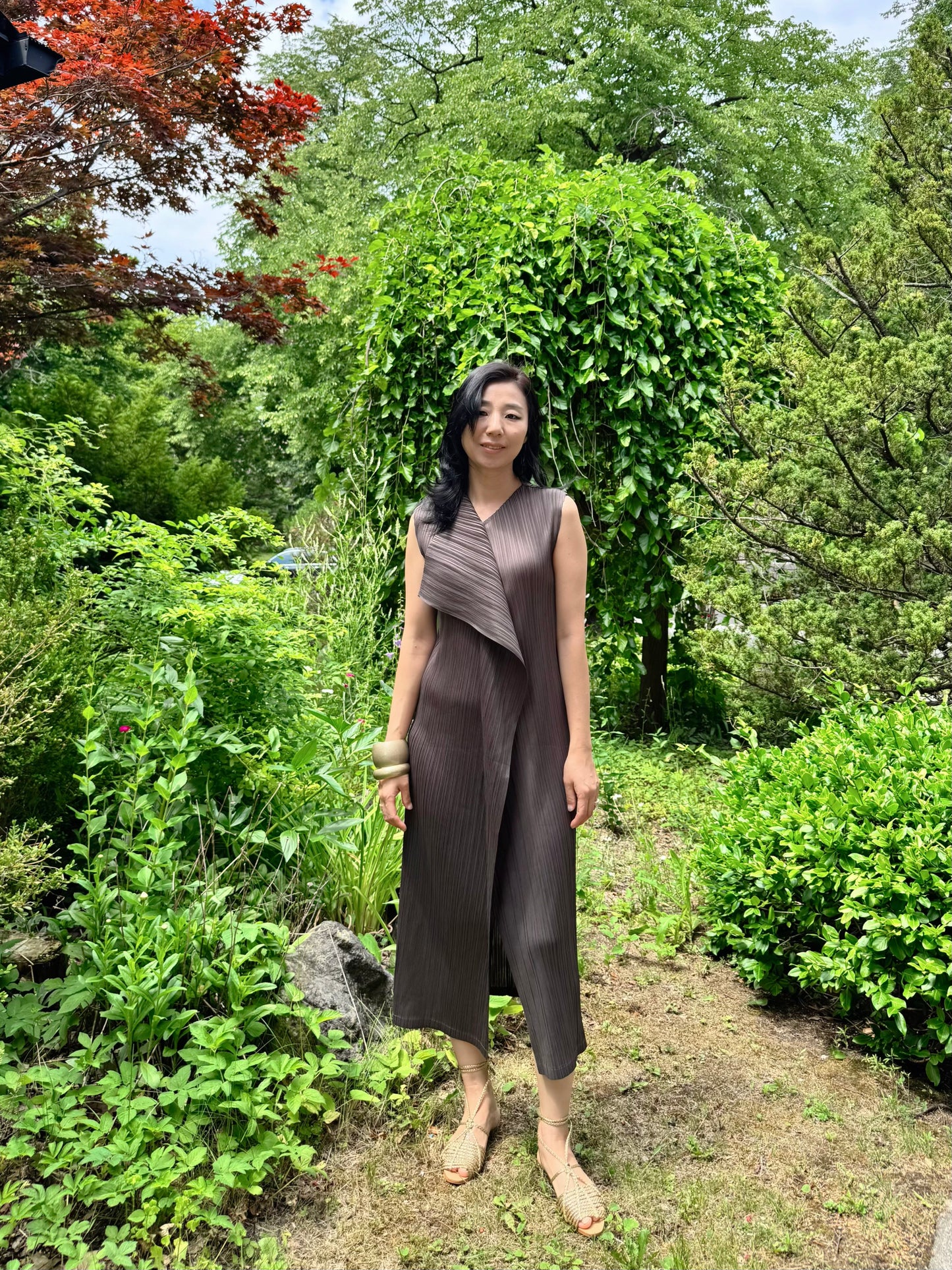 Pleated Wrap Layered Dress (brown, beige, black)