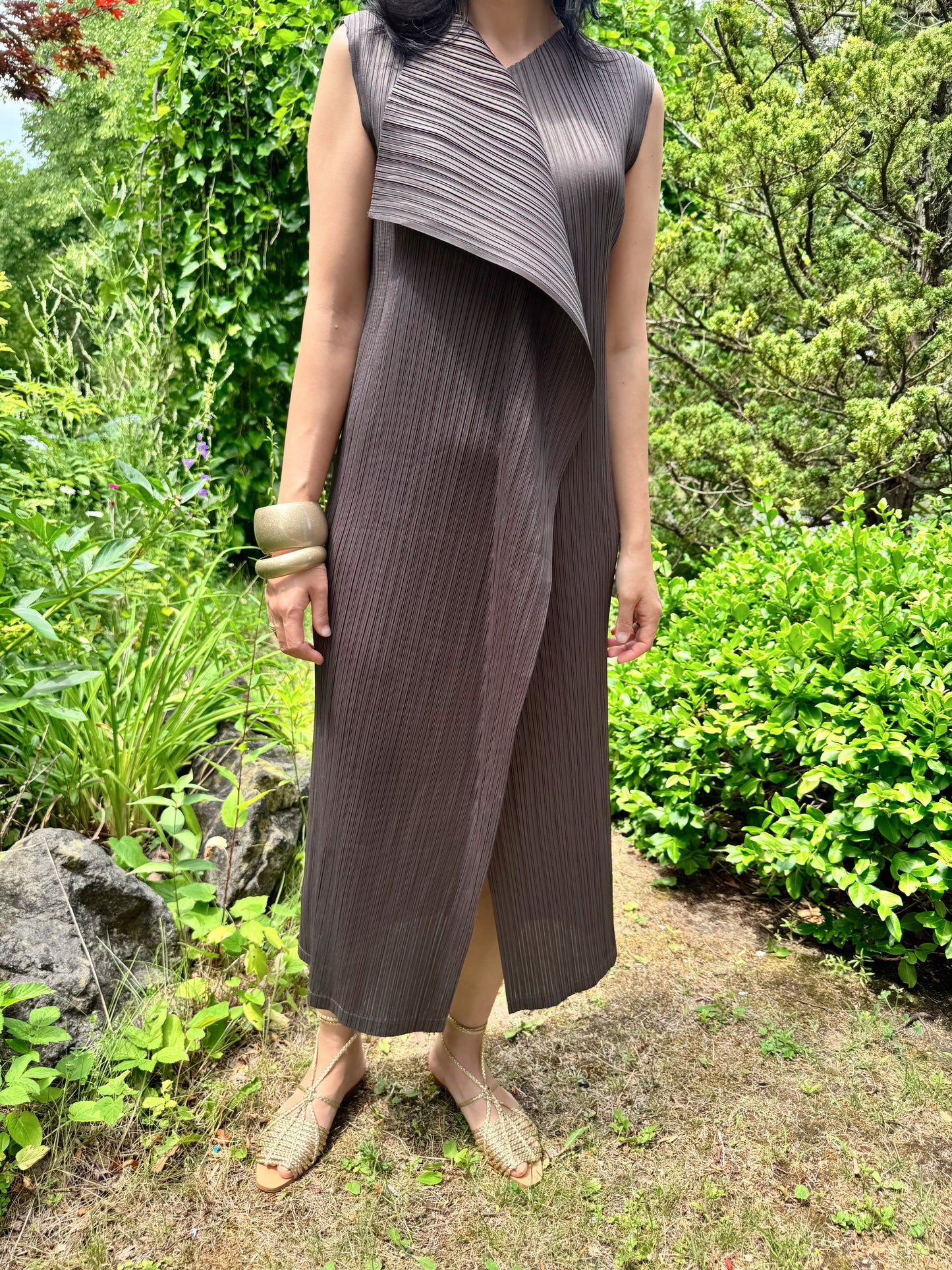 Pleated Wrap Layered Dress (brown, beige, black)