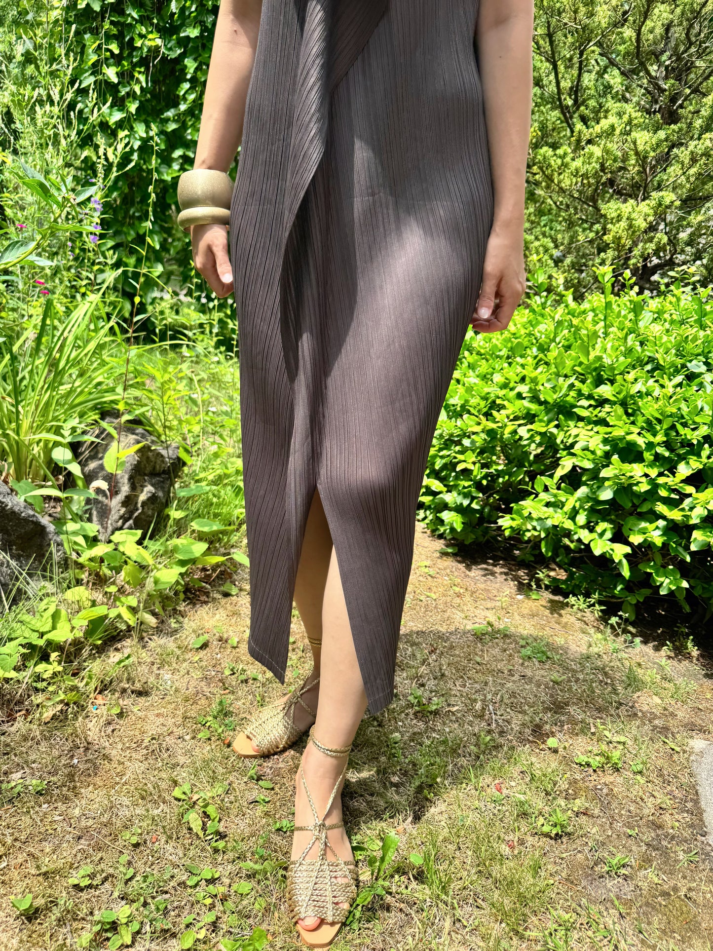 Pleated Wrap Layered Dress (brown, beige, black)