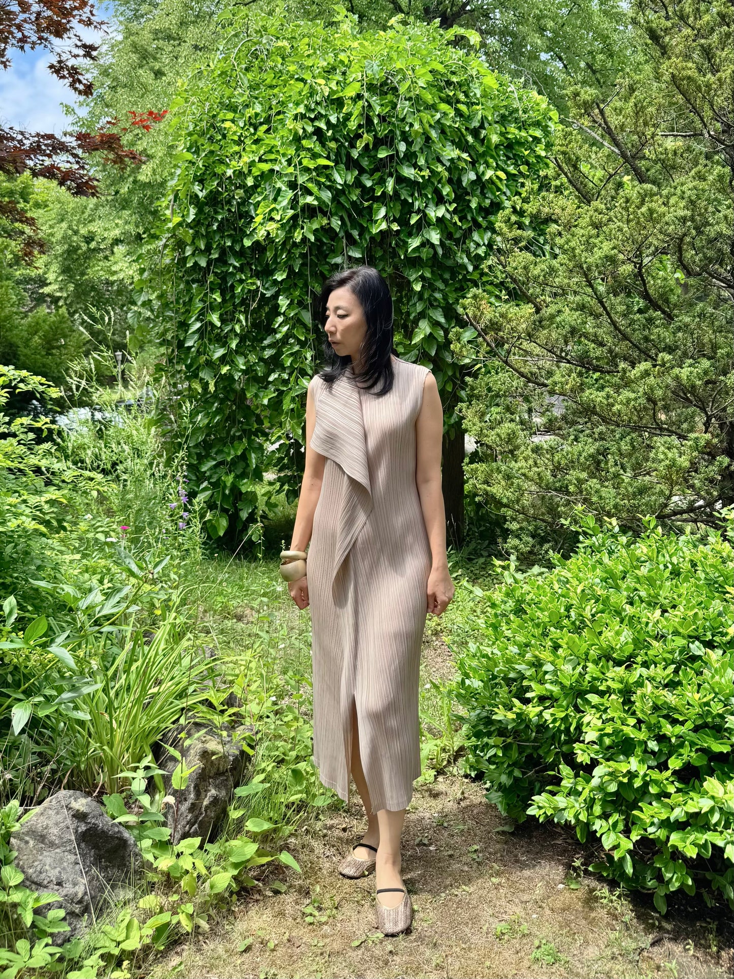Pleated Wrap Layered Dress (brown, beige, black)