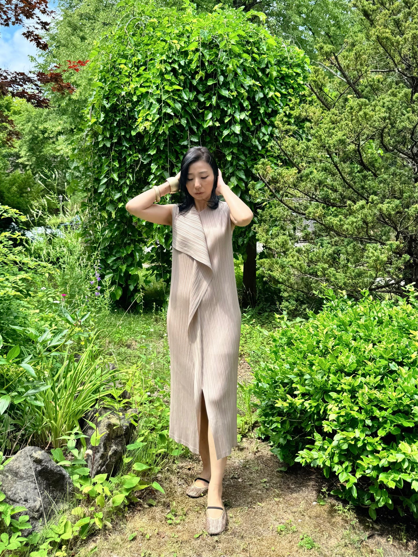 Pleated Wrap Layered Dress (brown, beige, black)