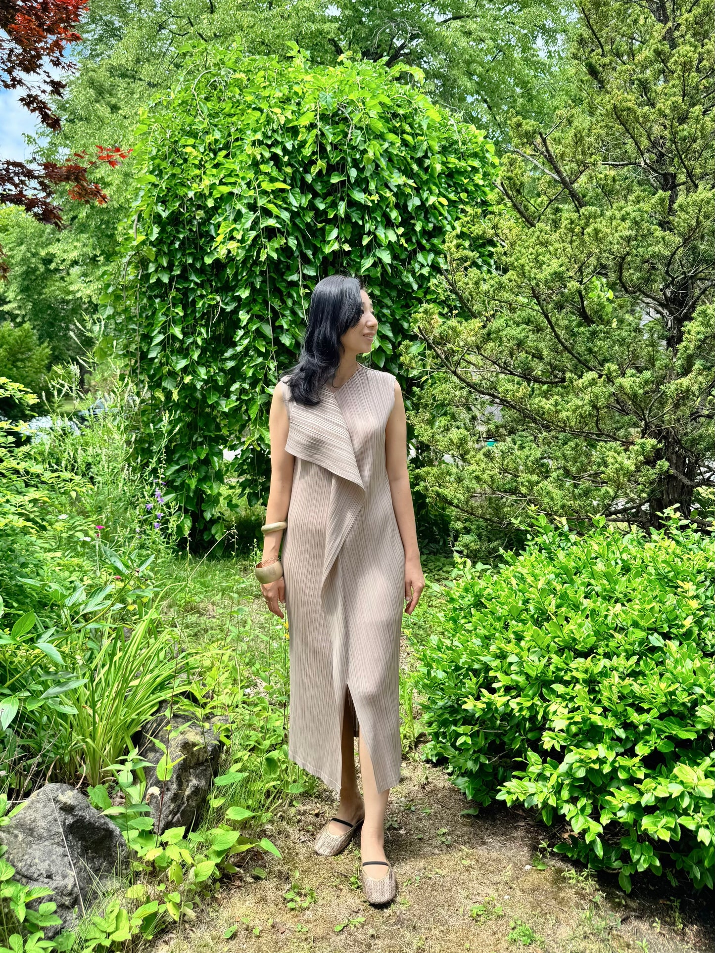 Pleated Wrap Layered Dress (brown, beige, black)