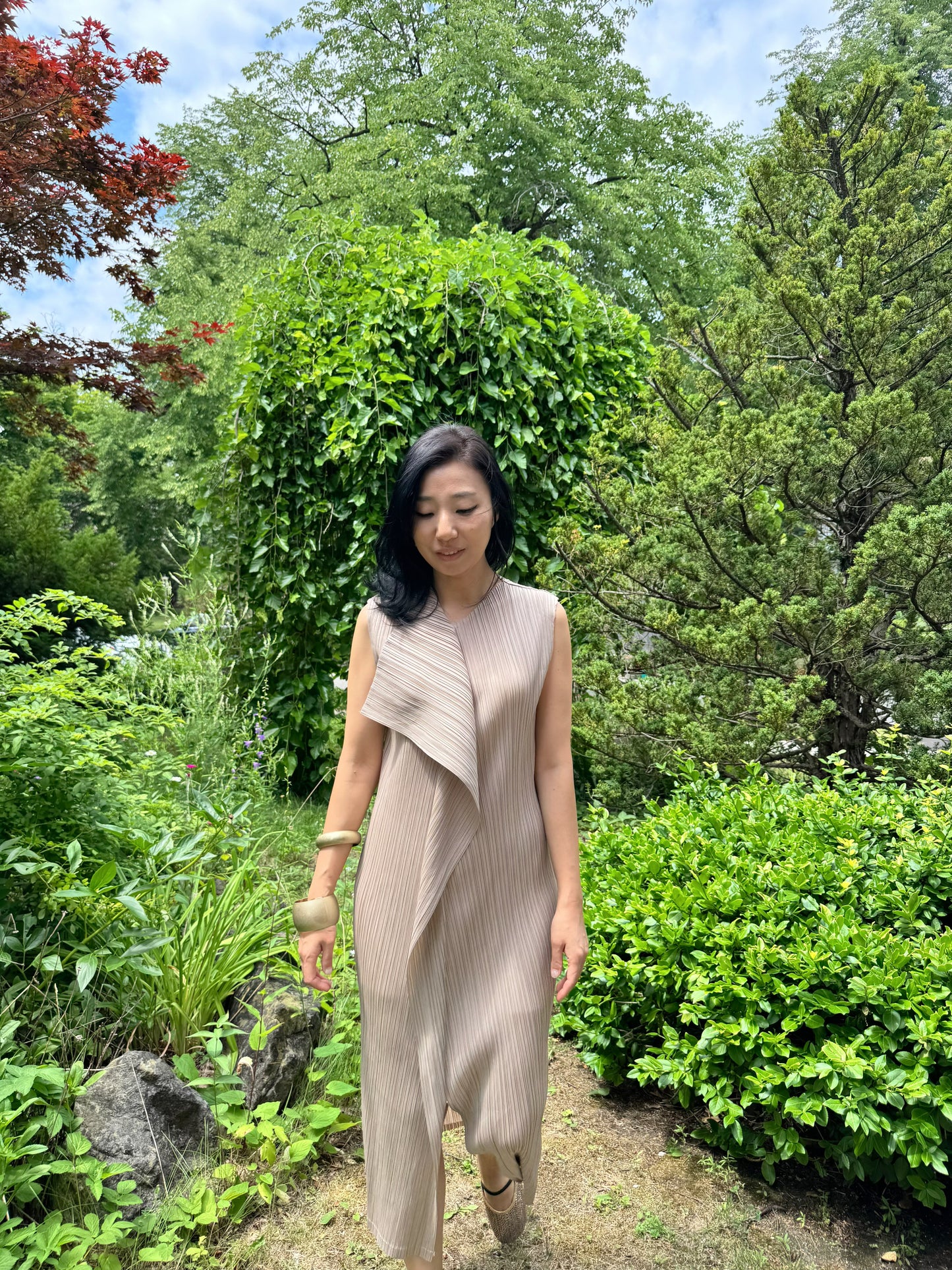 Pleated Wrap Layered Dress (brown, beige, black)