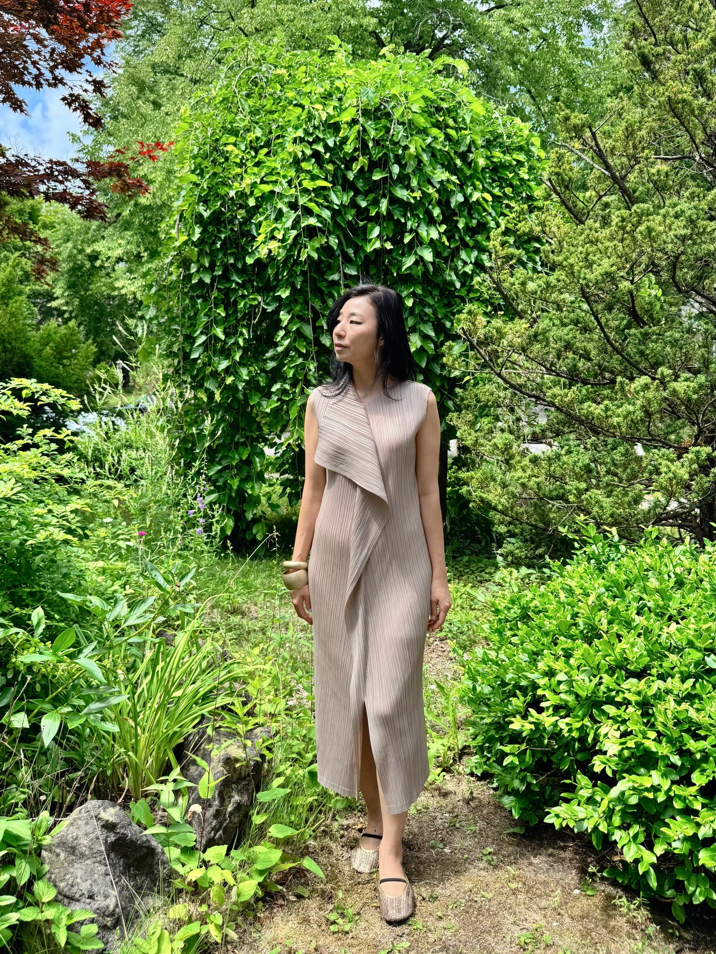 Pleated Wrap Layered Dress (brown, beige, black)