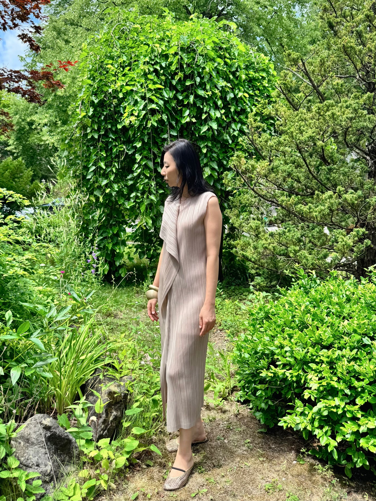 Pleated Wrap Layered Dress (brown, beige, black)