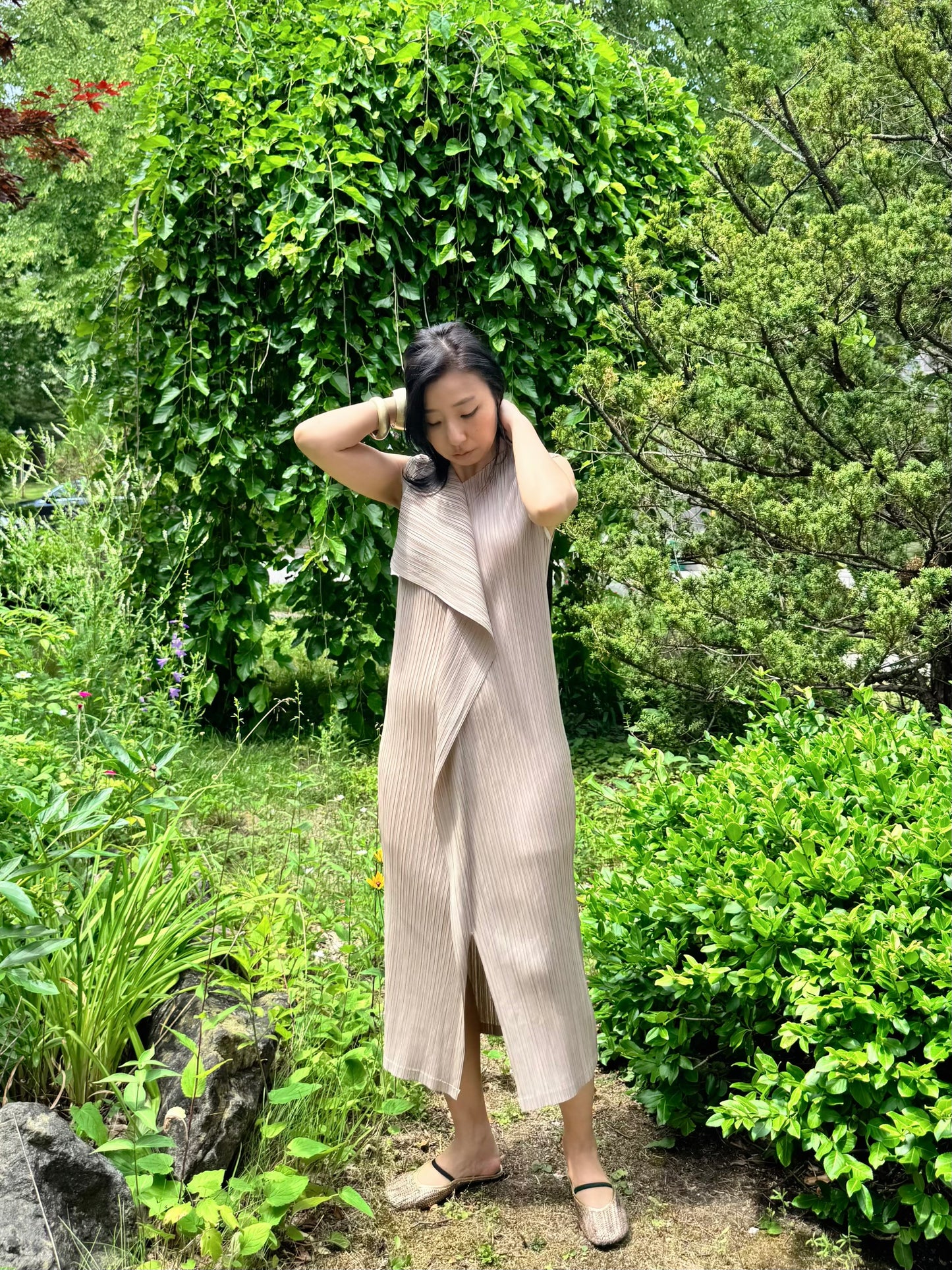 Pleated Wrap Layered Dress (brown, beige, black)