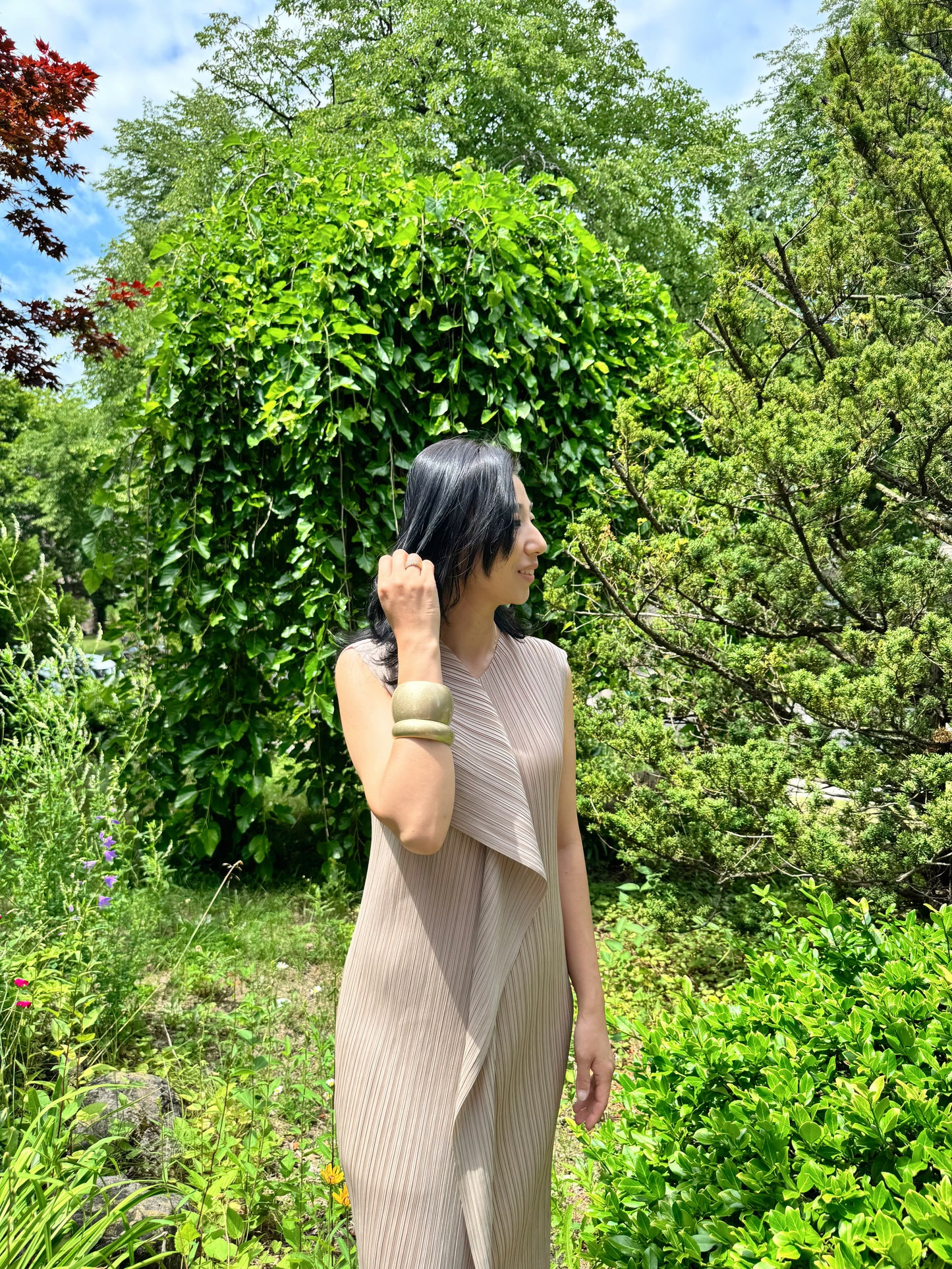 Pleated Wrap Layered Dress (brown, beige, black)