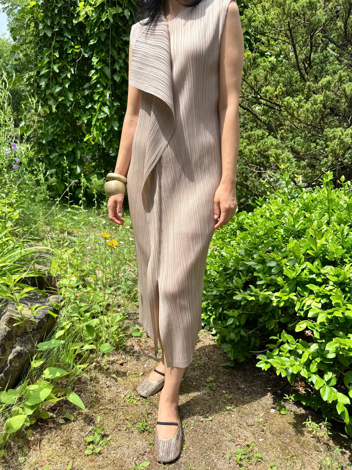 Pleated Wrap Layered Dress (brown, beige, black)