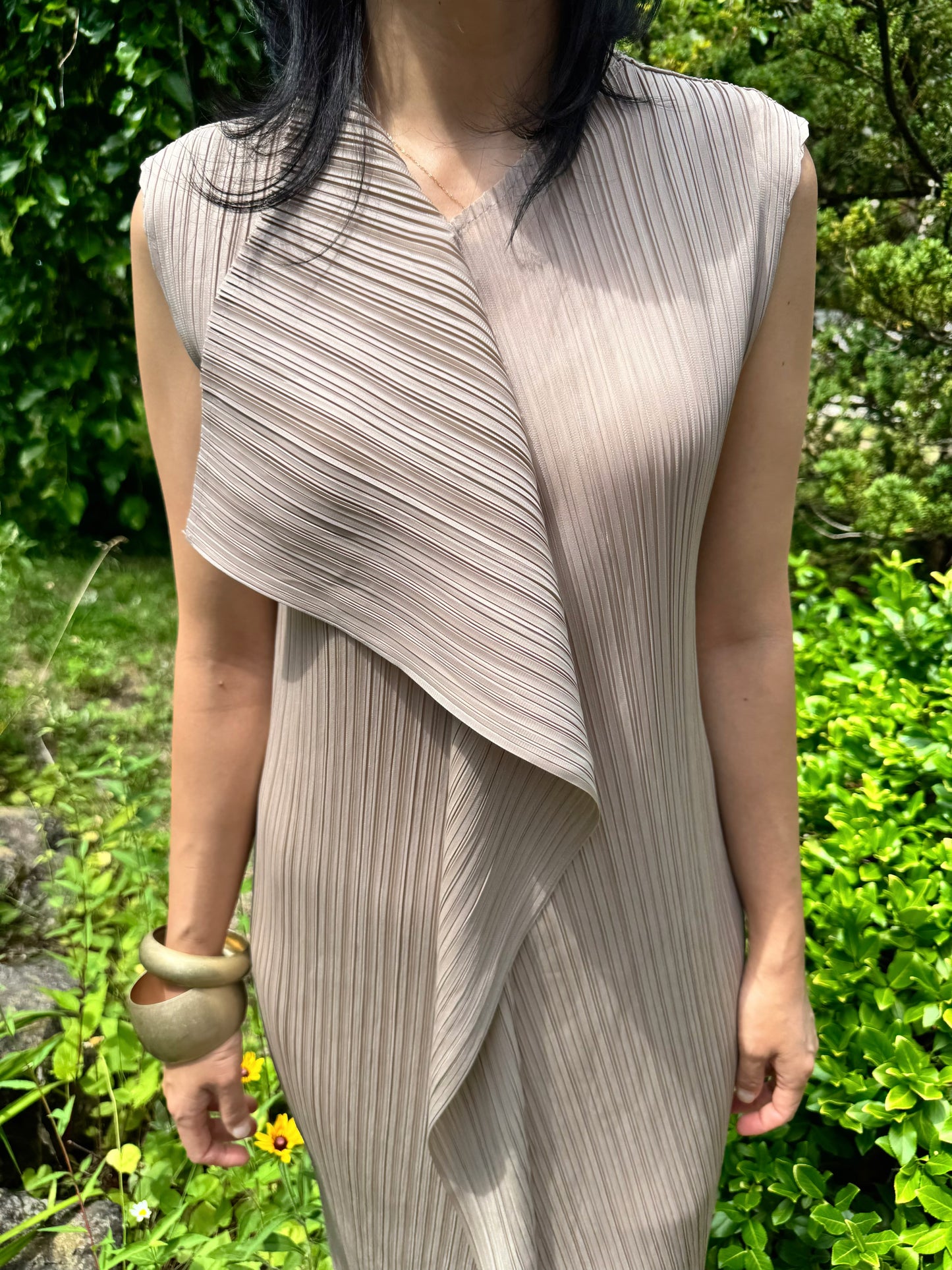 Pleated Wrap Layered Dress (brown, beige, black)